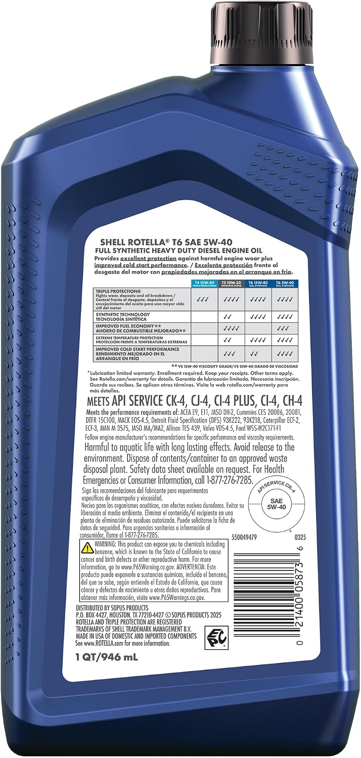 Shell Rotella T6 Full Synthetic Heavy Duty Engine Oil 5W-40, 55 Gallon Drum