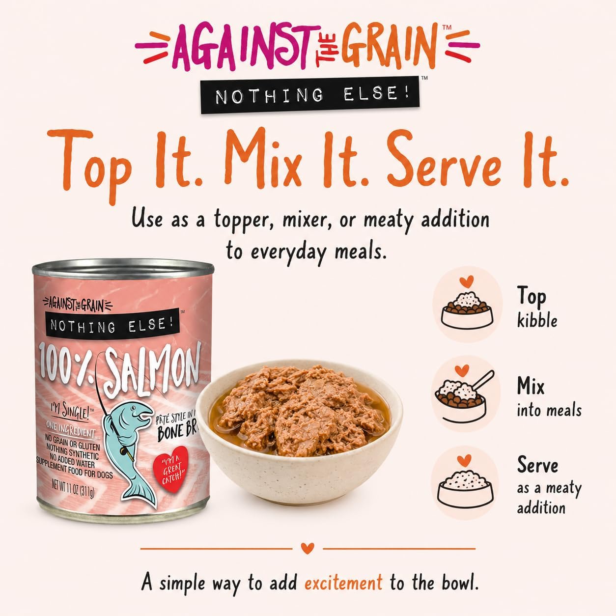 Against The Grain Nothing Else! 100% Salmon Dog Food – 12 Count, 11 oz Each – Single-Ingredient Meatball Texture in Natural Broth – Wet Dog Food – Grain & Gluten Free