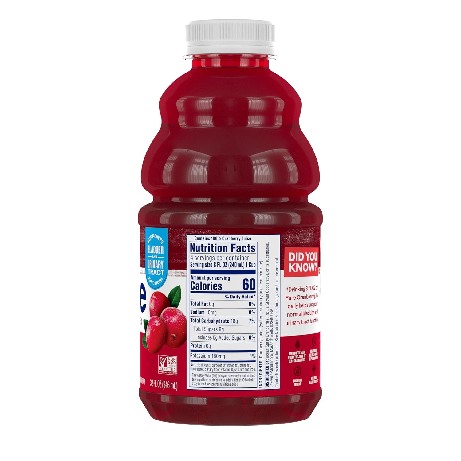 Ocean Spray® Pure Unsweetened Cranberry, 100% Cranberry Juice From Concentrate, 32 Fl Oz Bottle (Pack of 8)