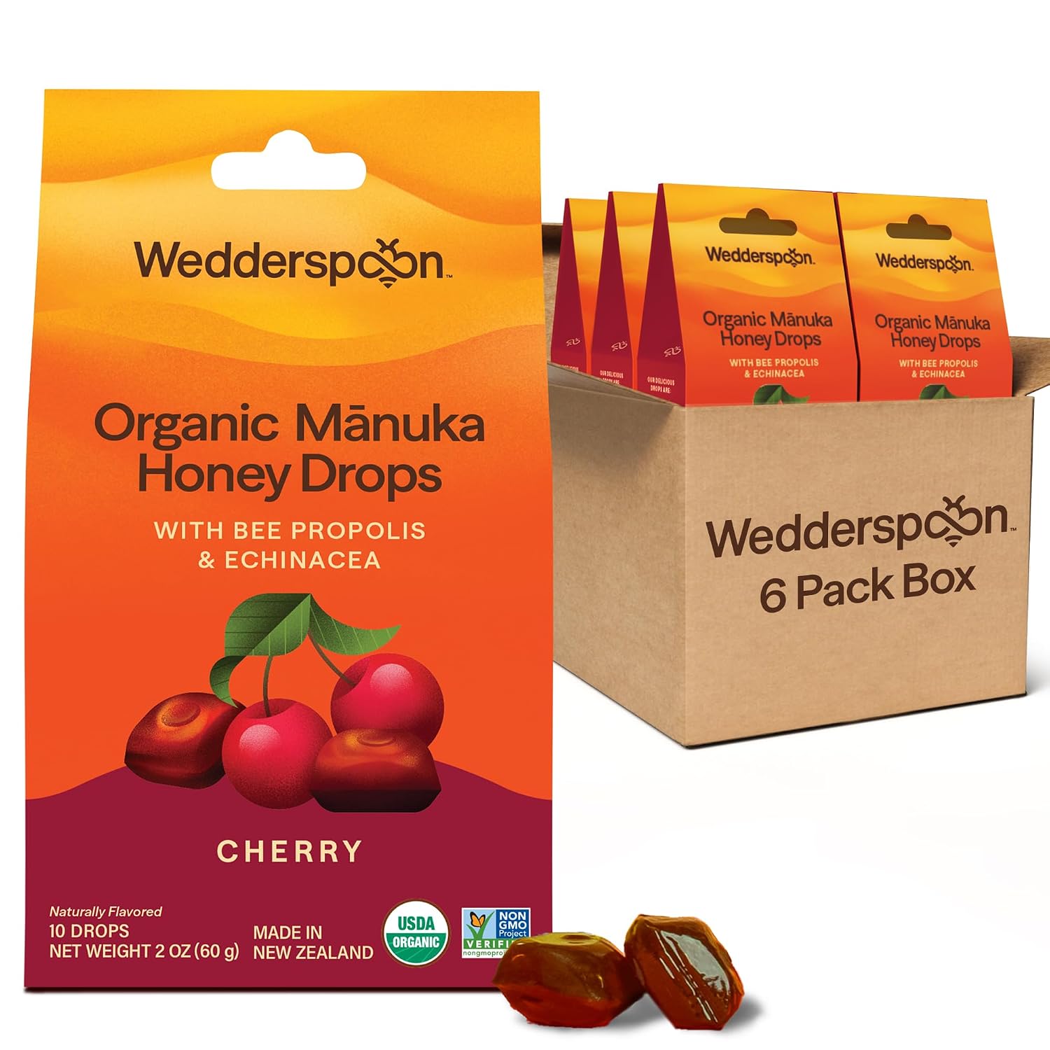 Wedderspoon Organic Manuka Honey Drops, Honey & Echinacea, 20 Count | USDA Organic | Genuine New Zealand Honey, Natural Remedy for Dry Throat | USDA Organic, Genuine New Zealand Honey, Natural Remedy for Dry Throat