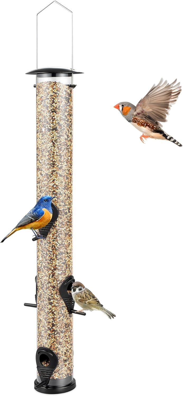 Backyard Expressions Tall Tube Bird Feeder - Durable Hanging Wild Bird Feeder for Wild Birds - 16" Tall, 4-Port Design