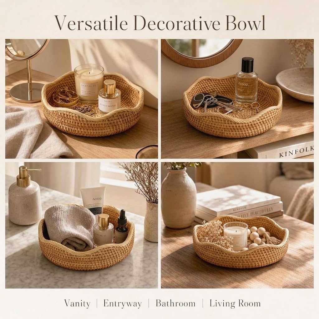 YANGQIHOME Rattan Bread Basket, Round Fruit Baskets, Wicker Storage Bowls, Natural Woven Serving Basket Bowls