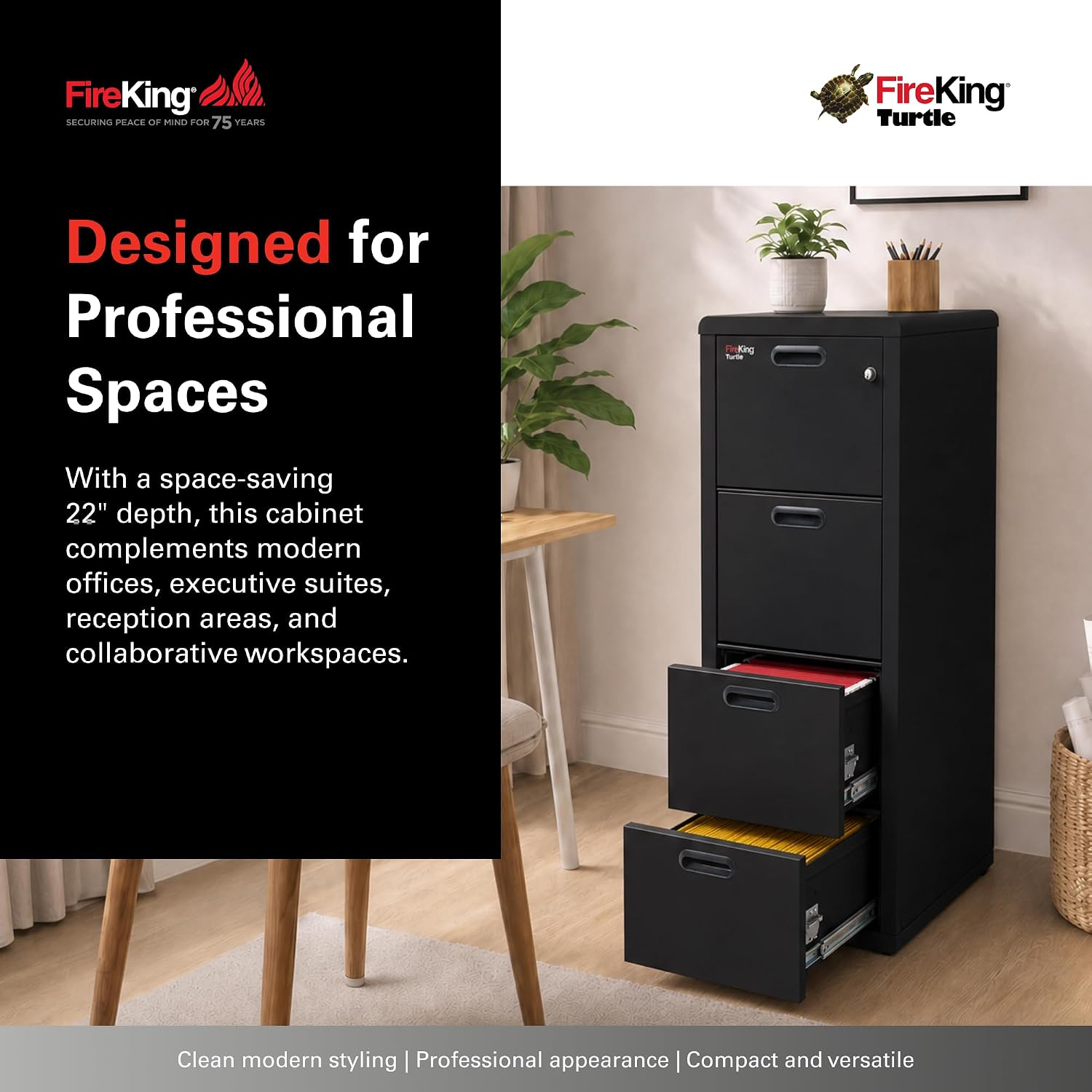 FireKing Turtle Vertical 2 Drawer Fire Rated File Cabinet, Black | 1 Hour Fire Rated Filing Cabinet - UL Class 350 - Water Resistant - Key Lock - Made in USA