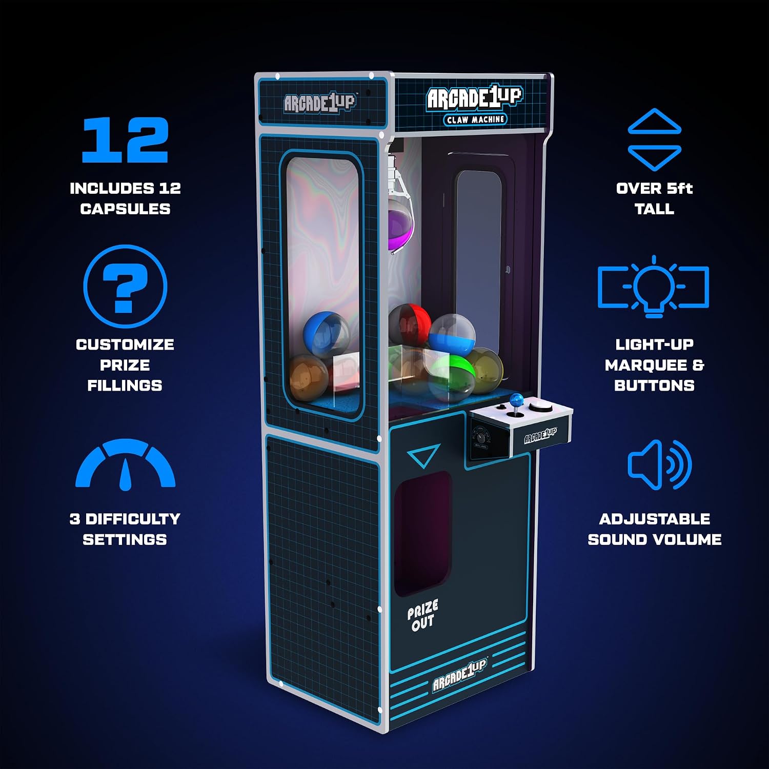 ARCADE1UP Claw Machine with 3 Levels of Difficulty, Ceiling Light | Adjustable Sound Volume for Arcade Game Room and Party Entertainment