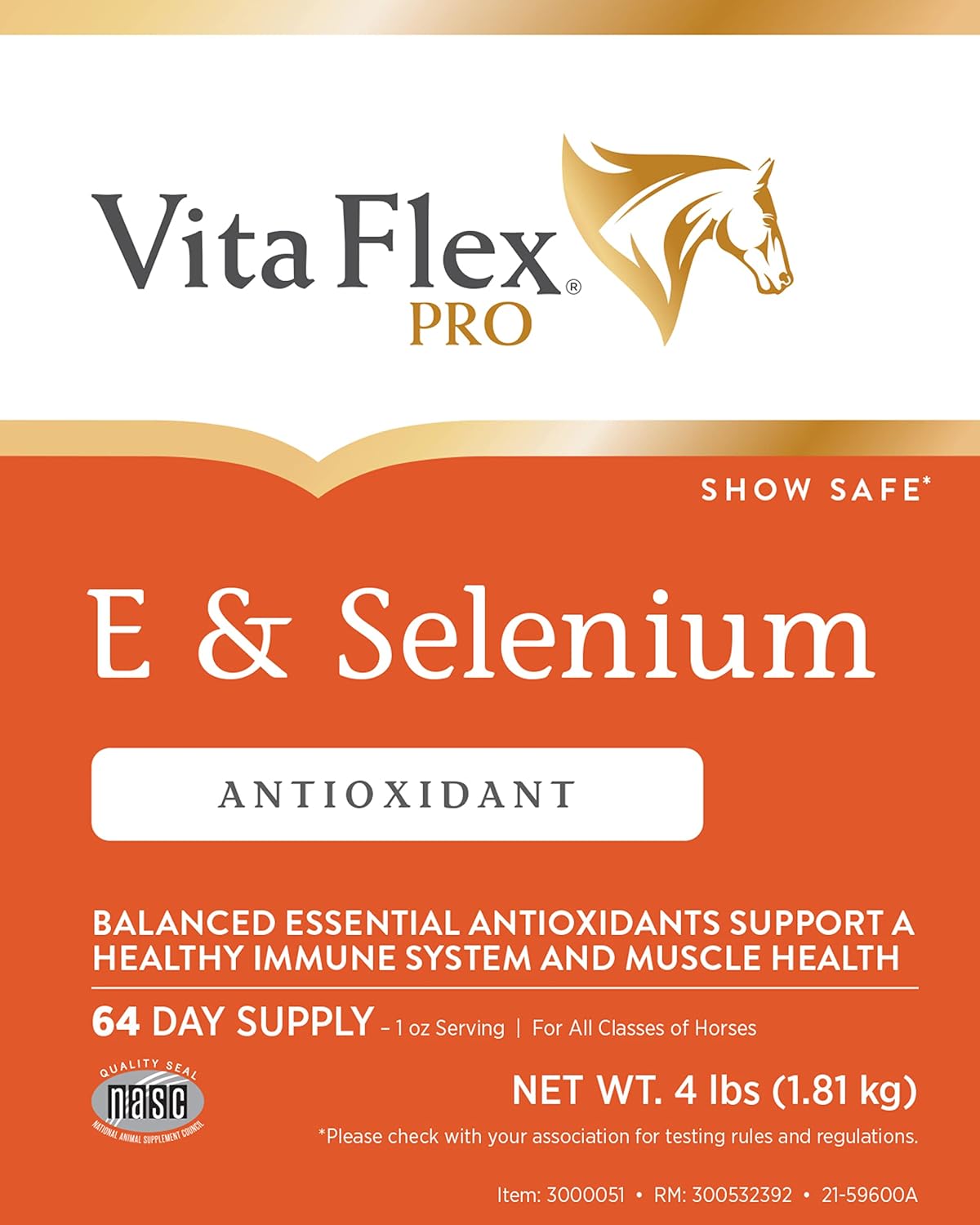Vita Flex Pro E & Selenium Supplement for Horses, 64-Day Supply | Vitamin E & Selenium Powder, Balanced Antioxidants, Equine Vitamin E Supplement
