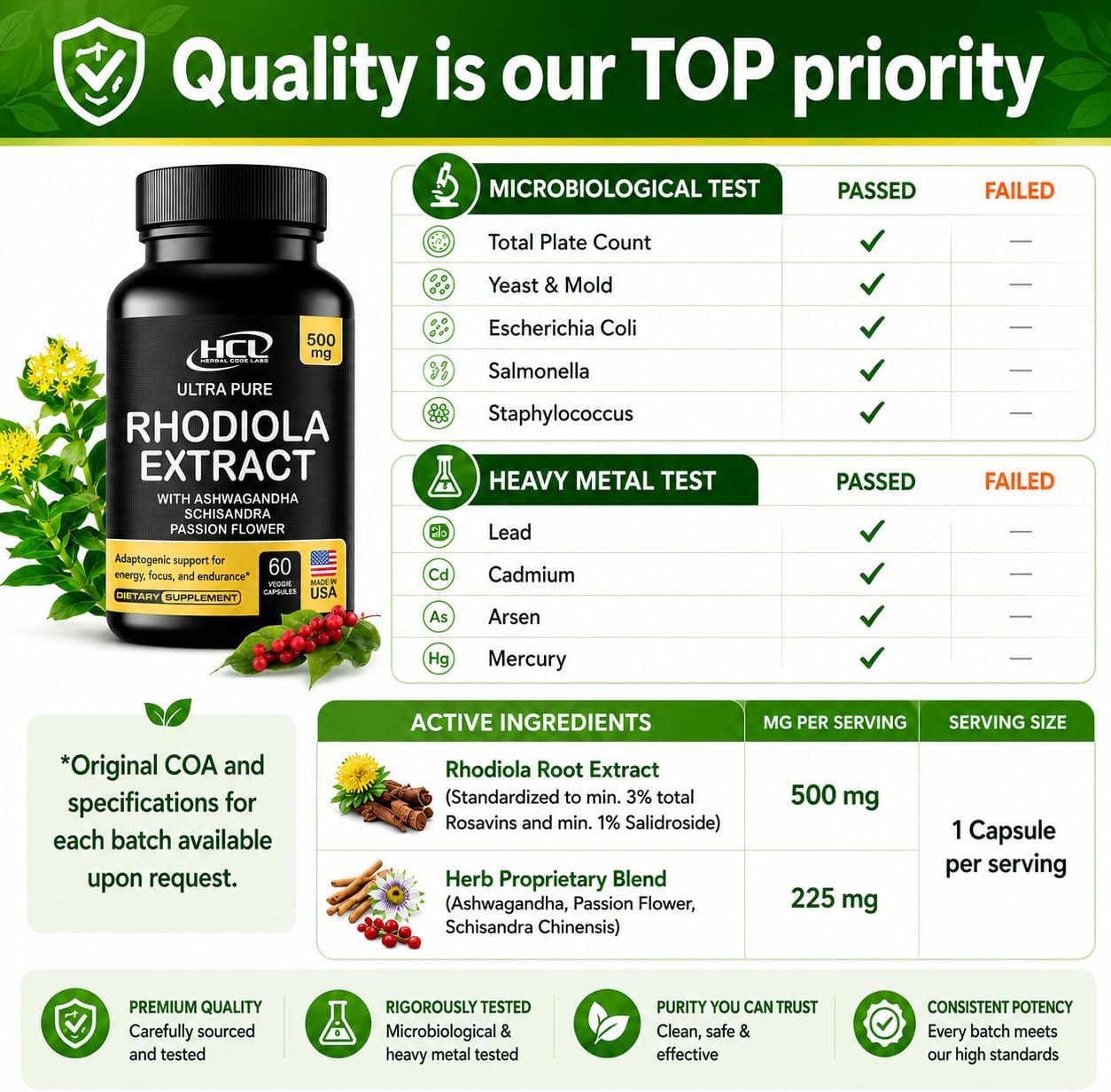 Rhodiola Rosea Supplement High Potency Extract 500mg - 3% Rosavins 1% Salidrosides with Ashwagandha Shisandra Passion Flower Herb Powder Capsules