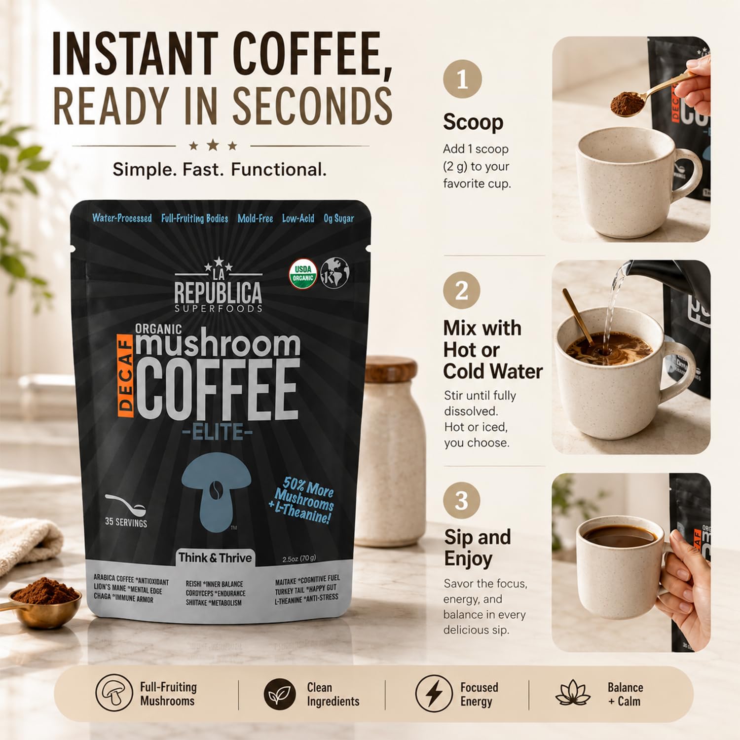 La Republica DECAF Organic Mushroom Coffee (35 Servings) with 7 Superfood Shrooms, Great Tasting Instant Mix Includes Lion's Mane, Reishi, Chaga, Cordyceps, Shiitake, Maitake, and Turkey Tail (Decaffeinated)