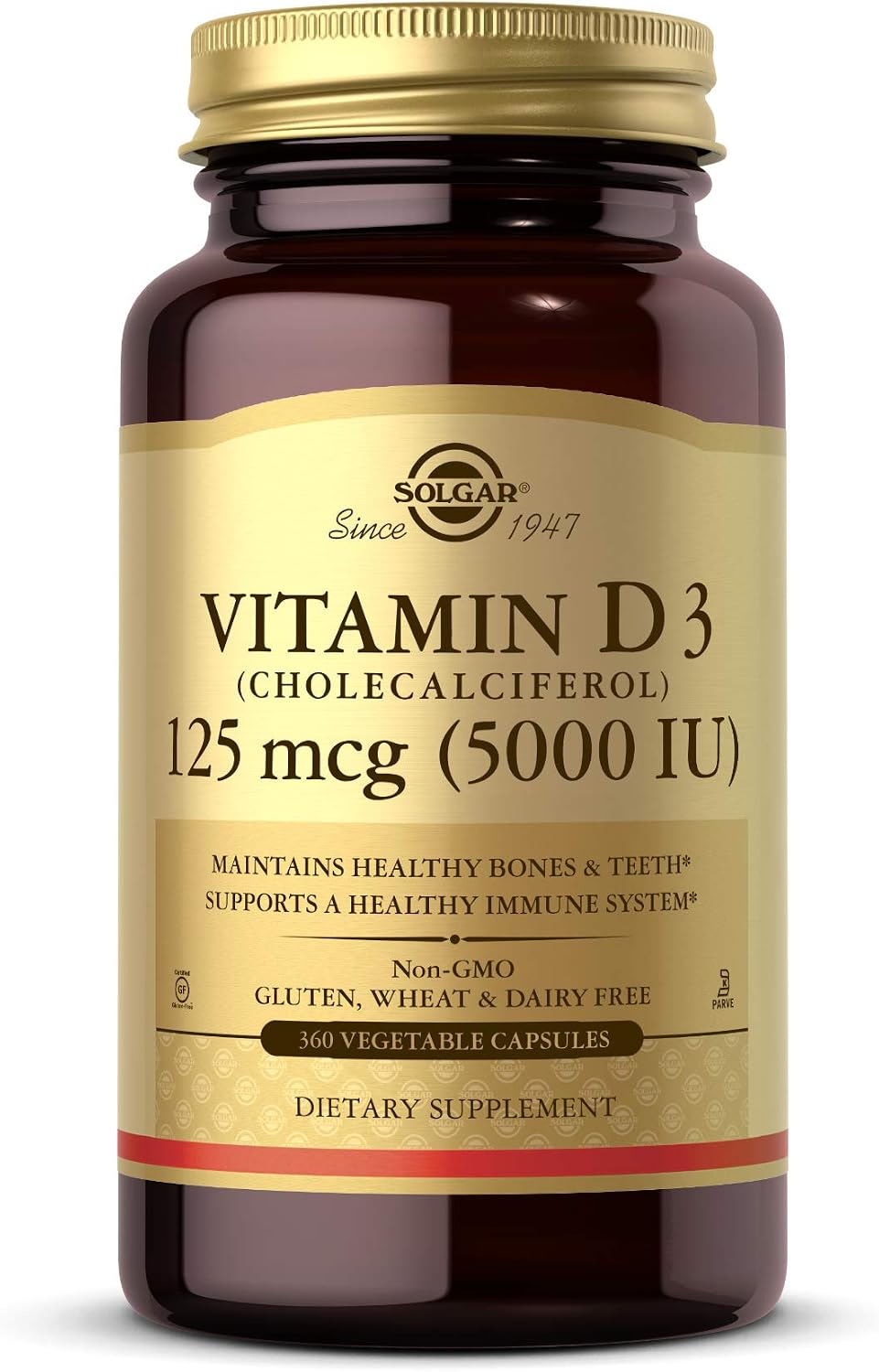 Solgar Vitamin D3 (Cholecalciferol) 125 Mcg (5000 IU), 120 Vegetable Capsules - Helps Maintain Healthy Bones & Teeth - Immune System Support - Non-GMO, Gluten Free, Dairy Free, Kosher - 120 Servings | Helps Maintain Healthy Bones & Teeth, Immune System S…