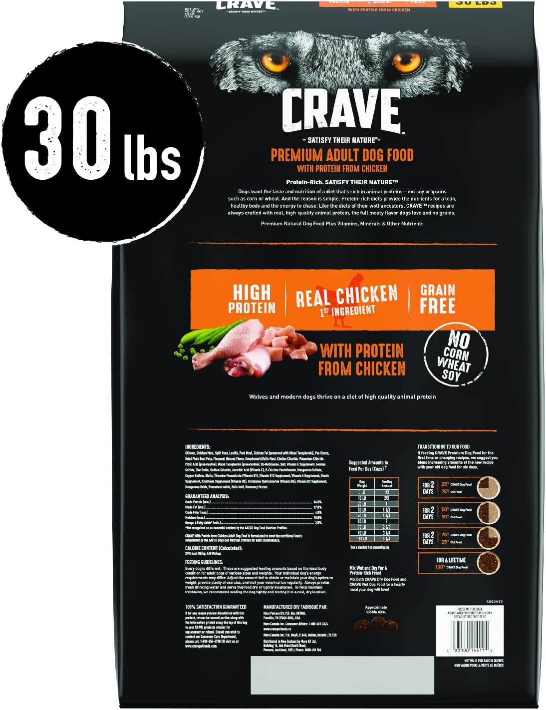 CRAVE Grain Free High Protein Natural Adult Dry Dog Food, Chicken, 4 lb | 34% protein, real animal protein, no by-product meal, no corn, wheat, soy, no artificial flavors, energy support