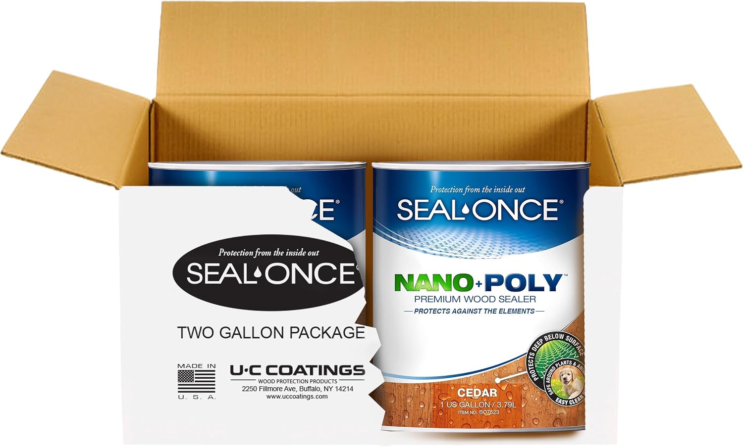 Seal-Once Nano+Poly Wood Sealer and Waterproofer, Clear, 1 Gallon | With Polyurethane, Water-based, Low-VOC, Waterproofer & Stain, For Decks, Fences & Log Homes