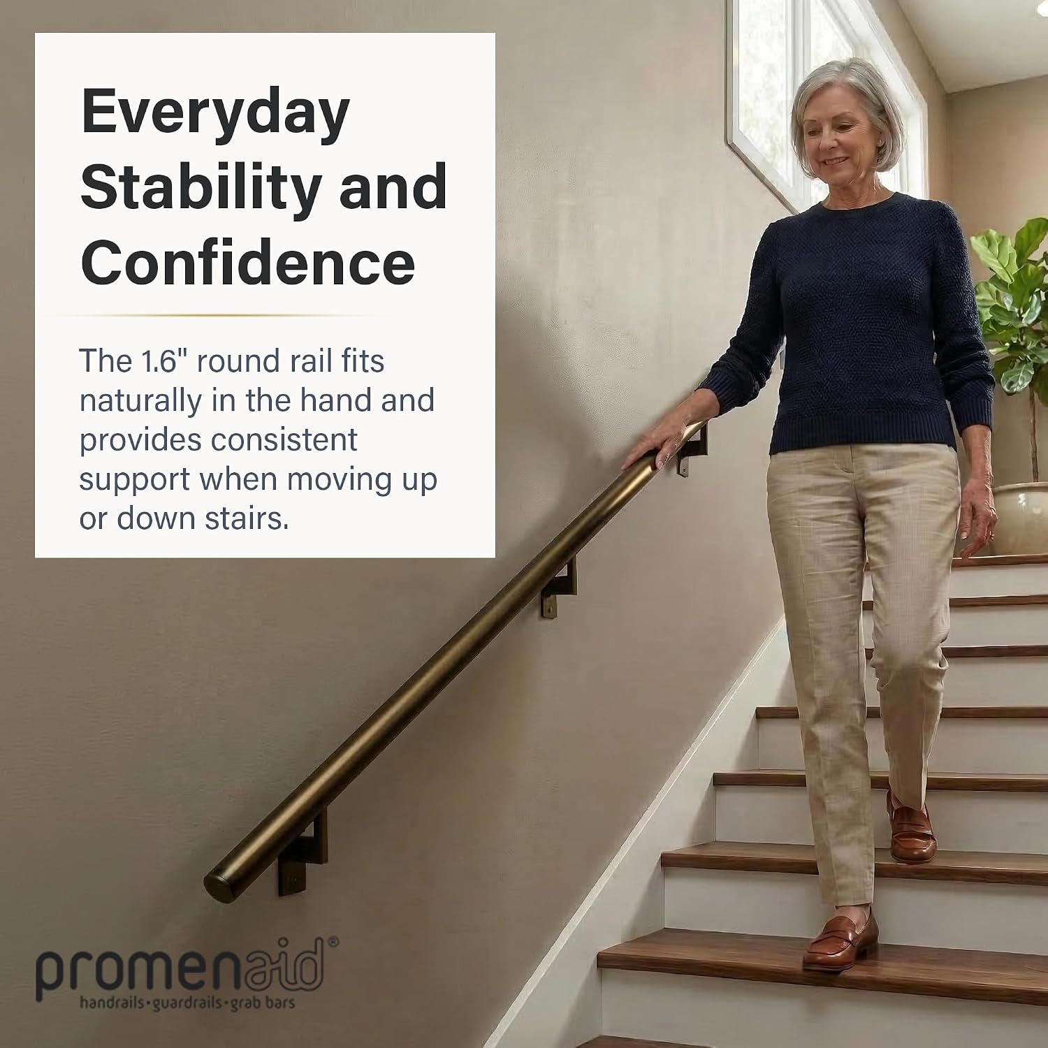 Promenaid Silver 3ft Flush Handrail Kit - Complete Indoor/Outdoor Stair Handrail - Modern 1.6" Round Satin-Anodized Aluminum Railing with 2 Silver