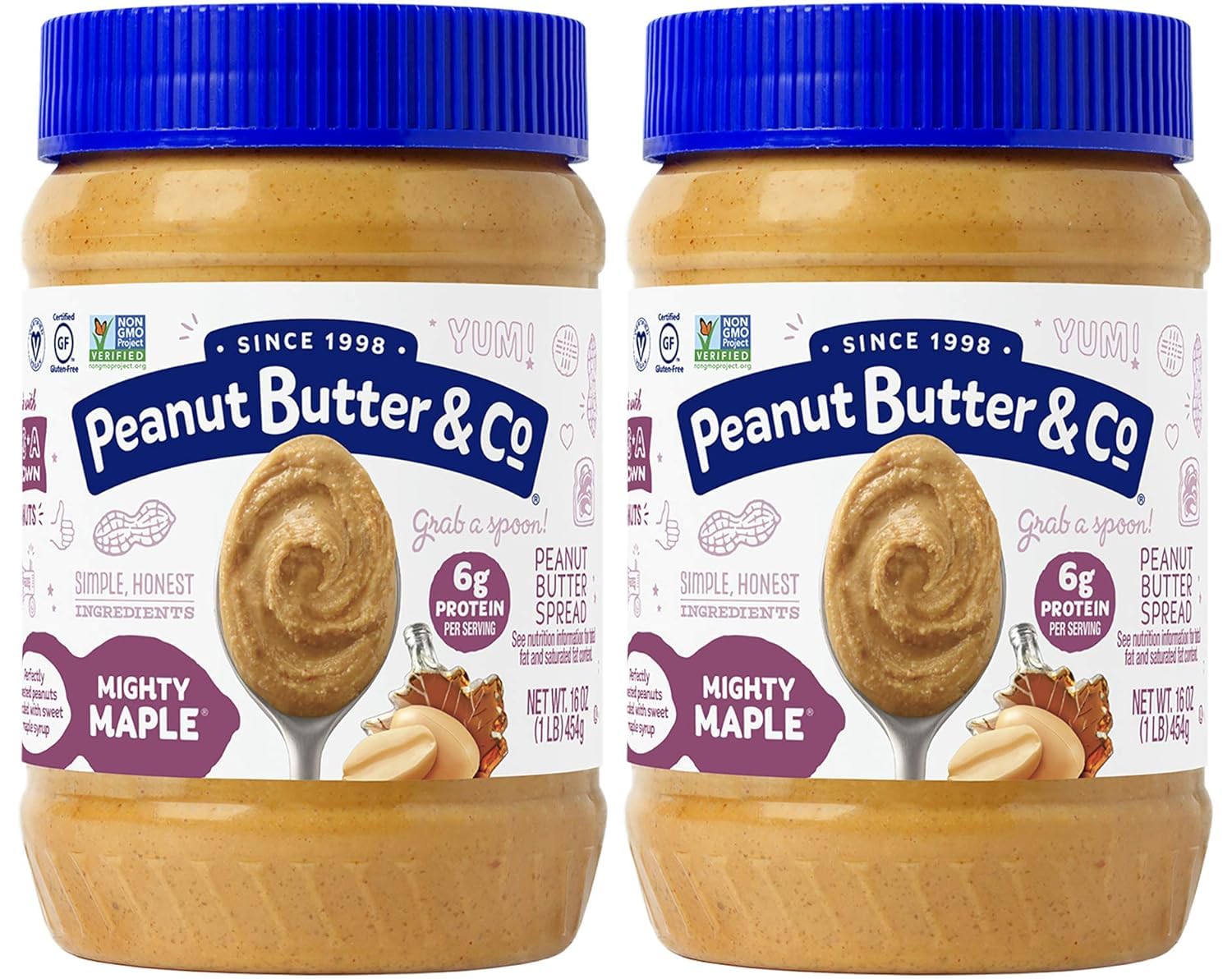 Peanut Butter & Co. Mighty Maple Peanut Butter, 16 oz (2 Pack) | Non-GMO Project Verified, Gluten Free, Kosher, 6g Protein, Maple Peanut Butter, USA-Grown Peanuts, No HFCS, Breakfast Spread