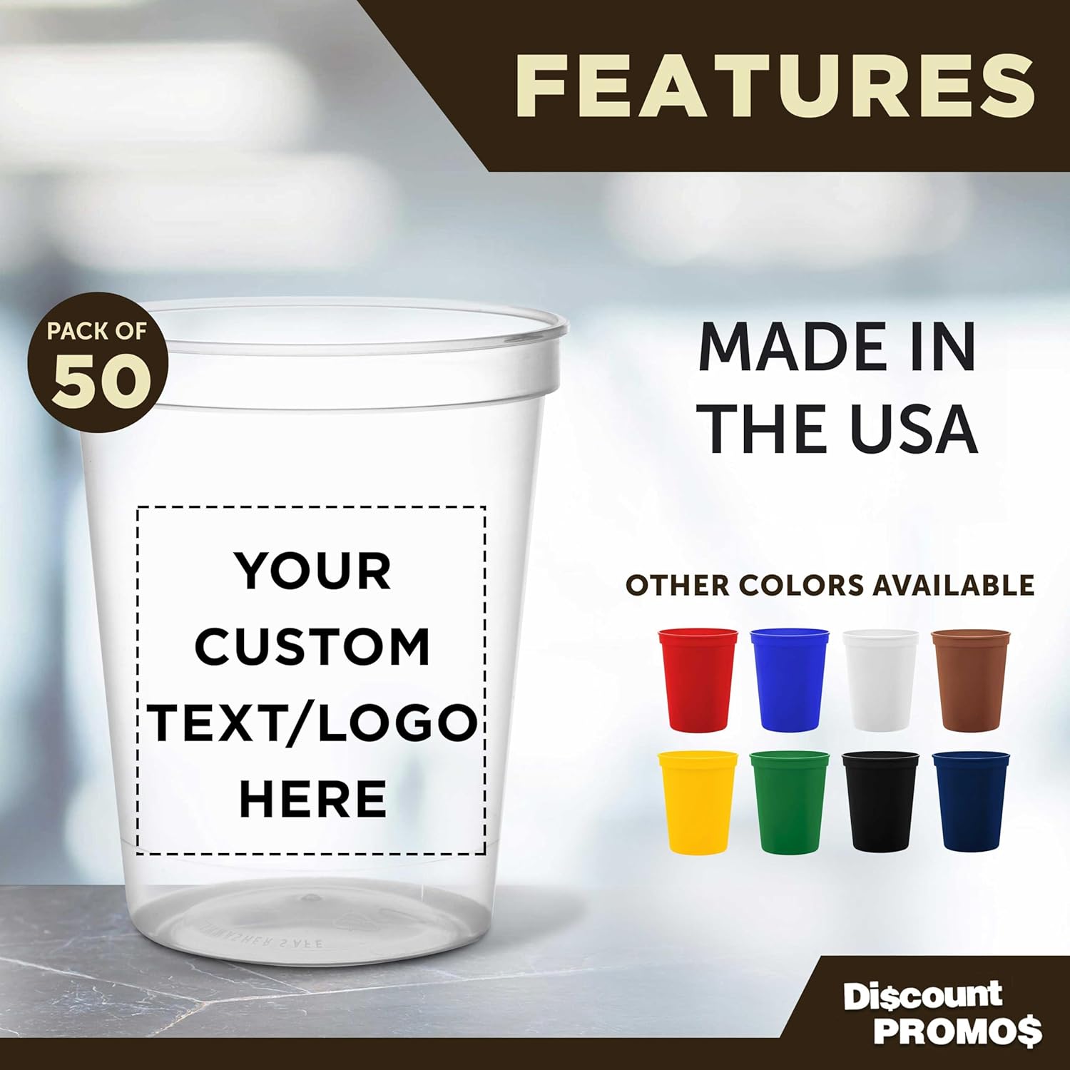 DISCOUNT PROMOS Custom Plastic Stadium Cups 16 oz. Set of 10/50/100, Personalized Bulk Pack - Perfect for Birthdays, Weddings, Picnic, Beach