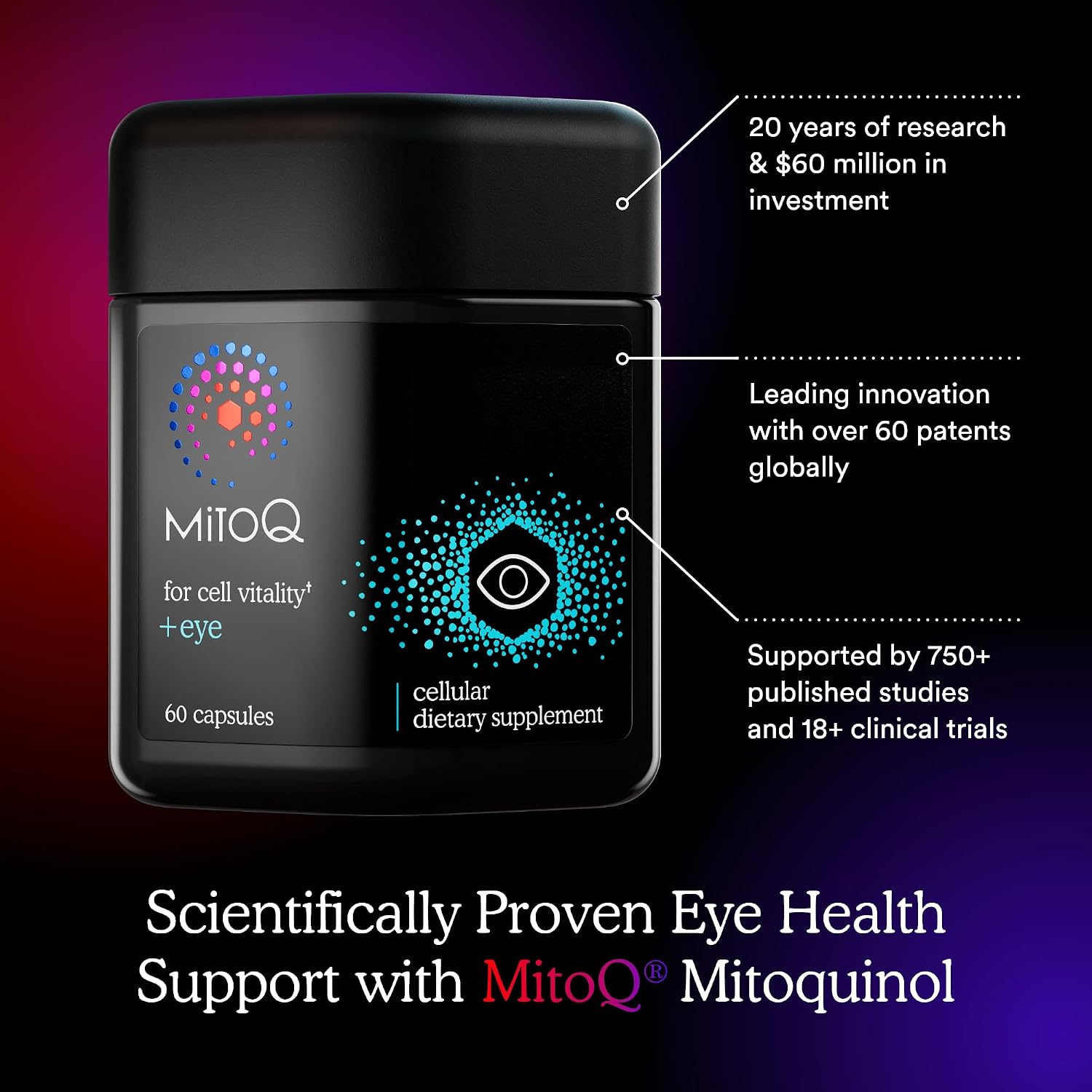 MitoQ +Eye – Eye Health Supplement with Lutein & Zeaxanthin (5:1 Ratio), Bilberry, Maritime Pine Bark, Zinc, Mitoquinol | Supports Macular Health