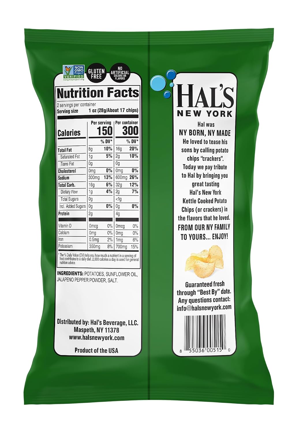 Hal's New York Kettle Cooked Gluten Free Jalapeno Flavored Potato Chip Crisps, 2 Oz (Pack of 24)
