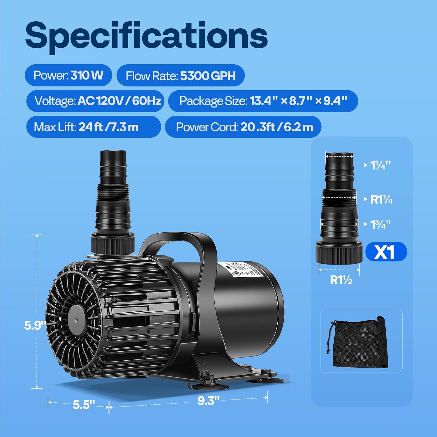 VIVOHOME 100W Pond Pump, 1600GPH Submersible Water Pump for Koi Pond