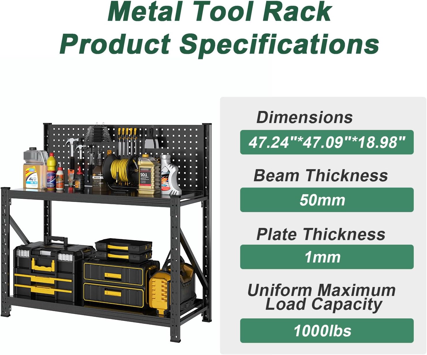 Work Bench with Pegboard,Heavy Duty 3000lbs Capacity Workbench Adjustable Shelves,Work Table for Garage Warehouse47.2 H*47.09" W*19" D