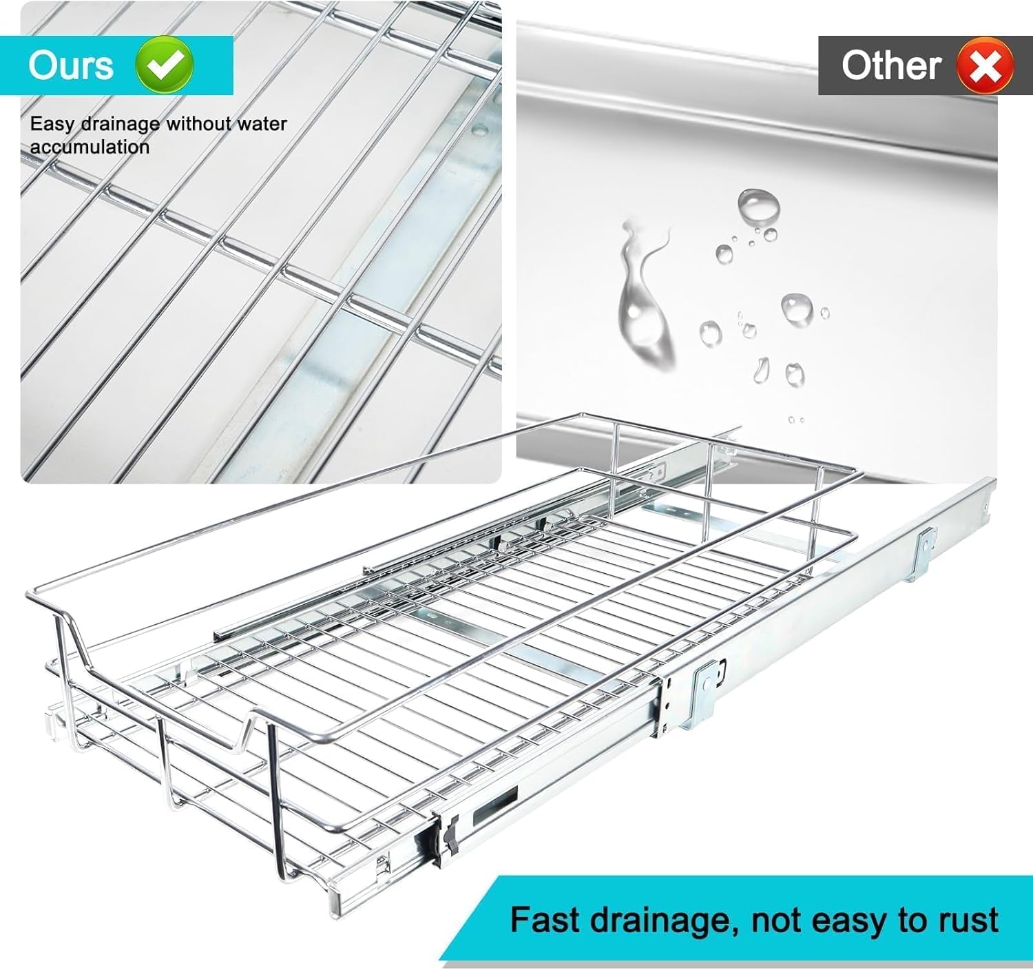 2 Tier Pull Out Cabinet Organizer 11" W X 22" D, Chromed, Full Slide Out