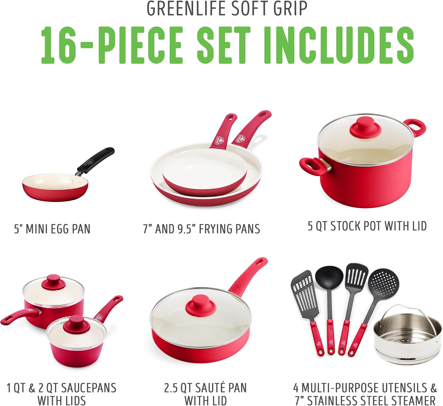 GreenLife 16 Piece Nonstick Cookware Set, Soft Grip Non-Toxic PFAS-Free Ceramic Pots & Pans, Dishwasher & Oven Safe, Frying, Sauce, Saute, Utensils