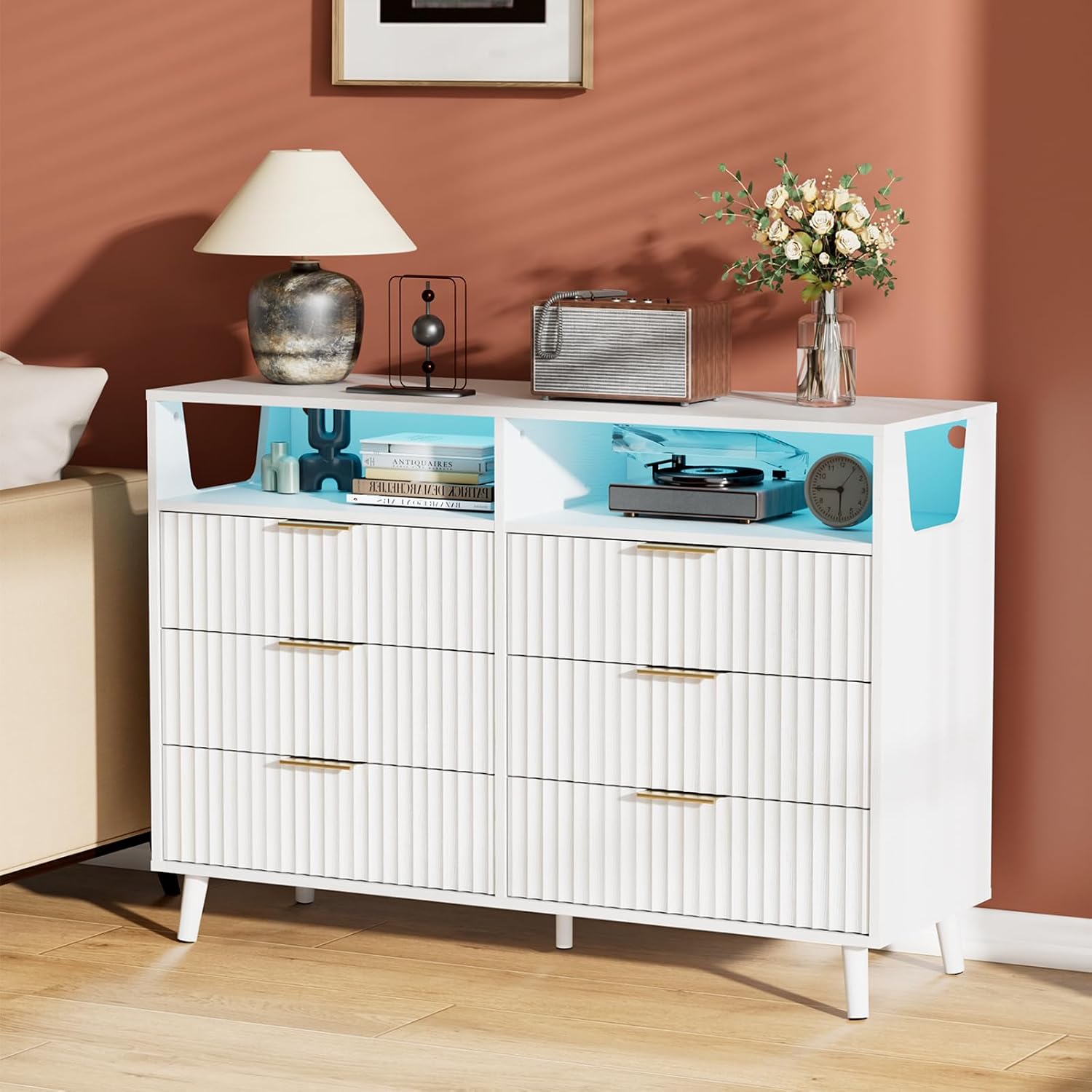 VINGLI Fluted Tall Dresser 5 Drawer, 23.66" W Chest of Drawers Gray Wood Dresser with Rounded Edges, Grey Dressers for Bedroom
