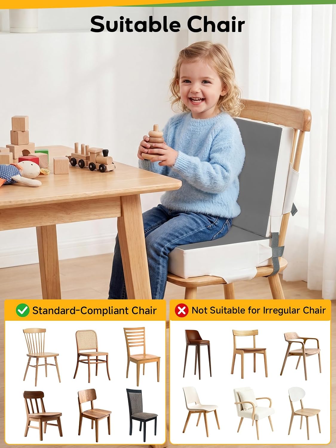 Booster Seat for Kitchen Chair - Toddler Booster Seat for Dining Table - PU Washable Double-Safety Straps with Buckle