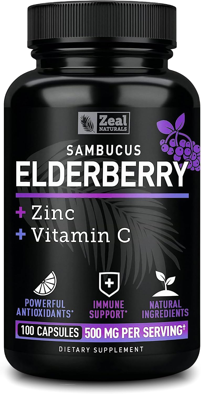 Zeal Naturals Max Strength Elderberry Capsules - 2000mg, 100 Capsules | Sambucus Black Elderberry, Vitamin C