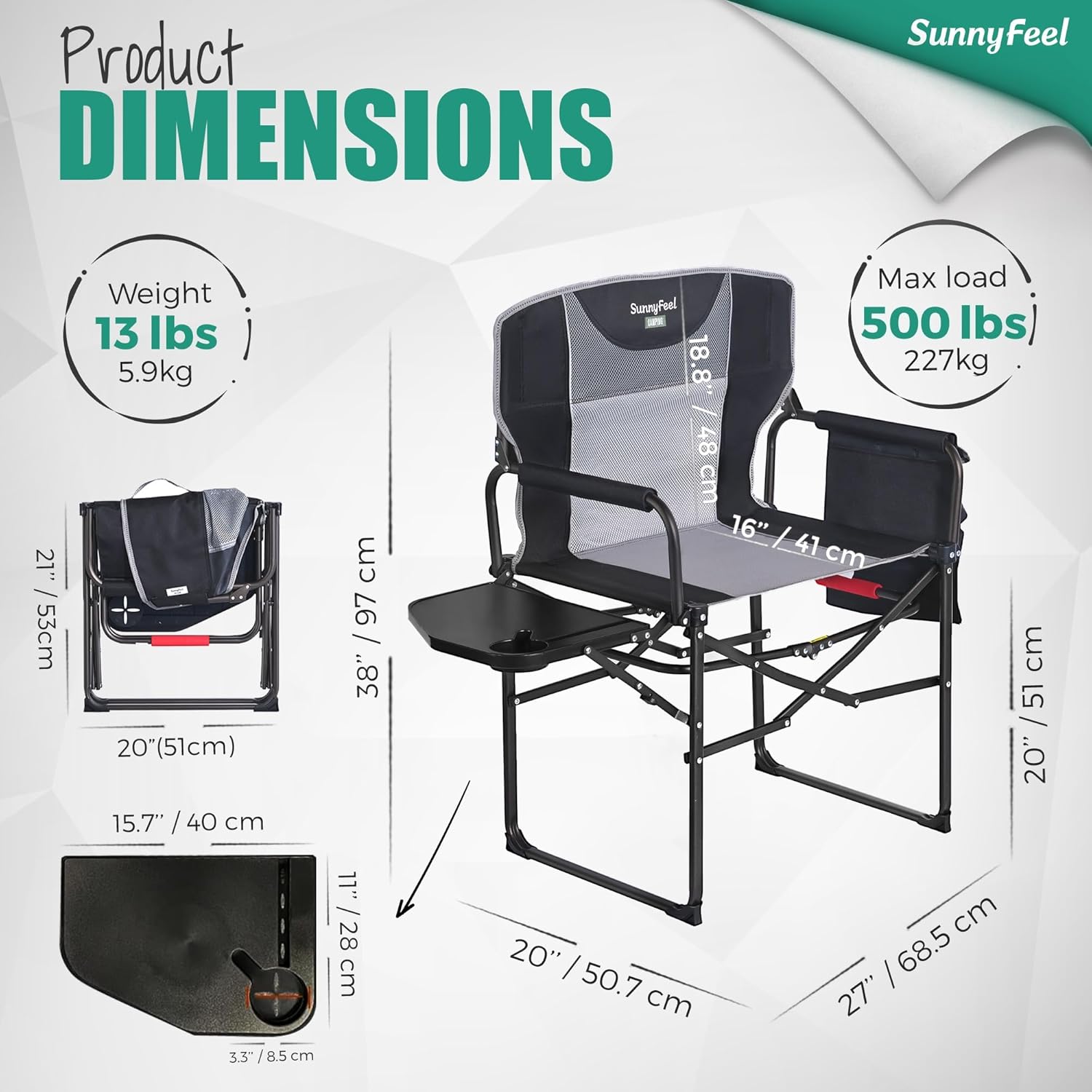 SUNNYFEEL Oversized Camping Directors Chair 500 LBS Heavy Duty, Portable Folding Chair with Side Table, Pocket for Beach, Fishing, Trip, Picnic, Lawn