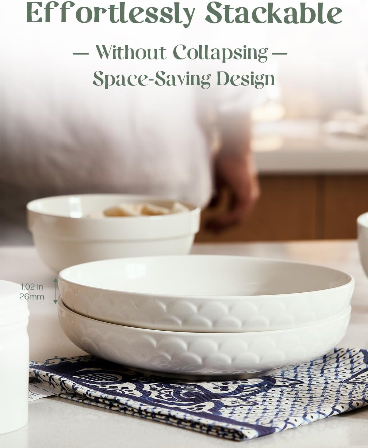 DOWAN Pasta Bowls Set of 4 for Large Portions, 54 oz Textured Motif Large Salad Serving Bowls, Ceramic Plates, White Soup Bowl for Kitchen Meal Prep