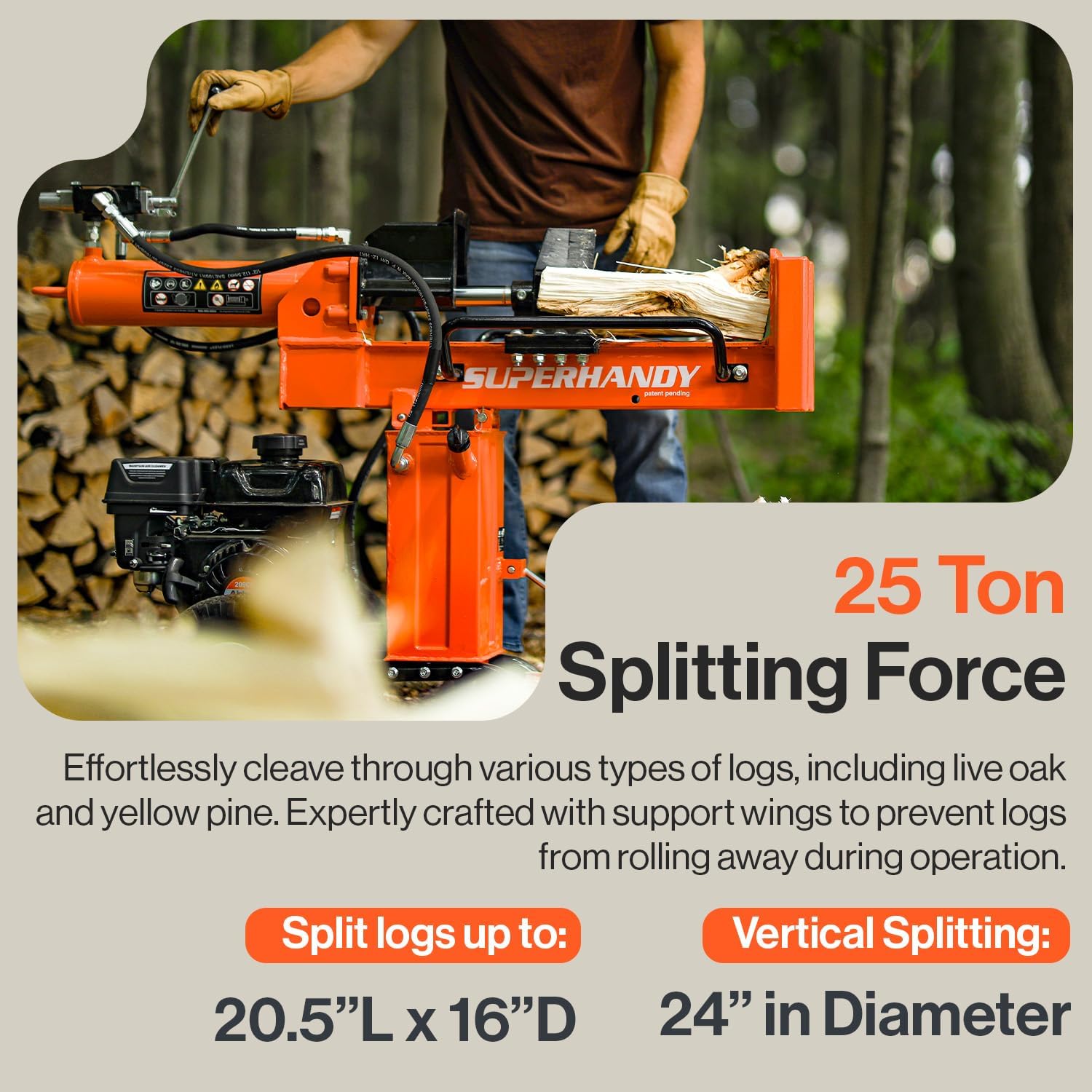 SuperHandy Portable 25 Ton Gas Log Splitter with 7HP Engine, Bucher Gear Pump