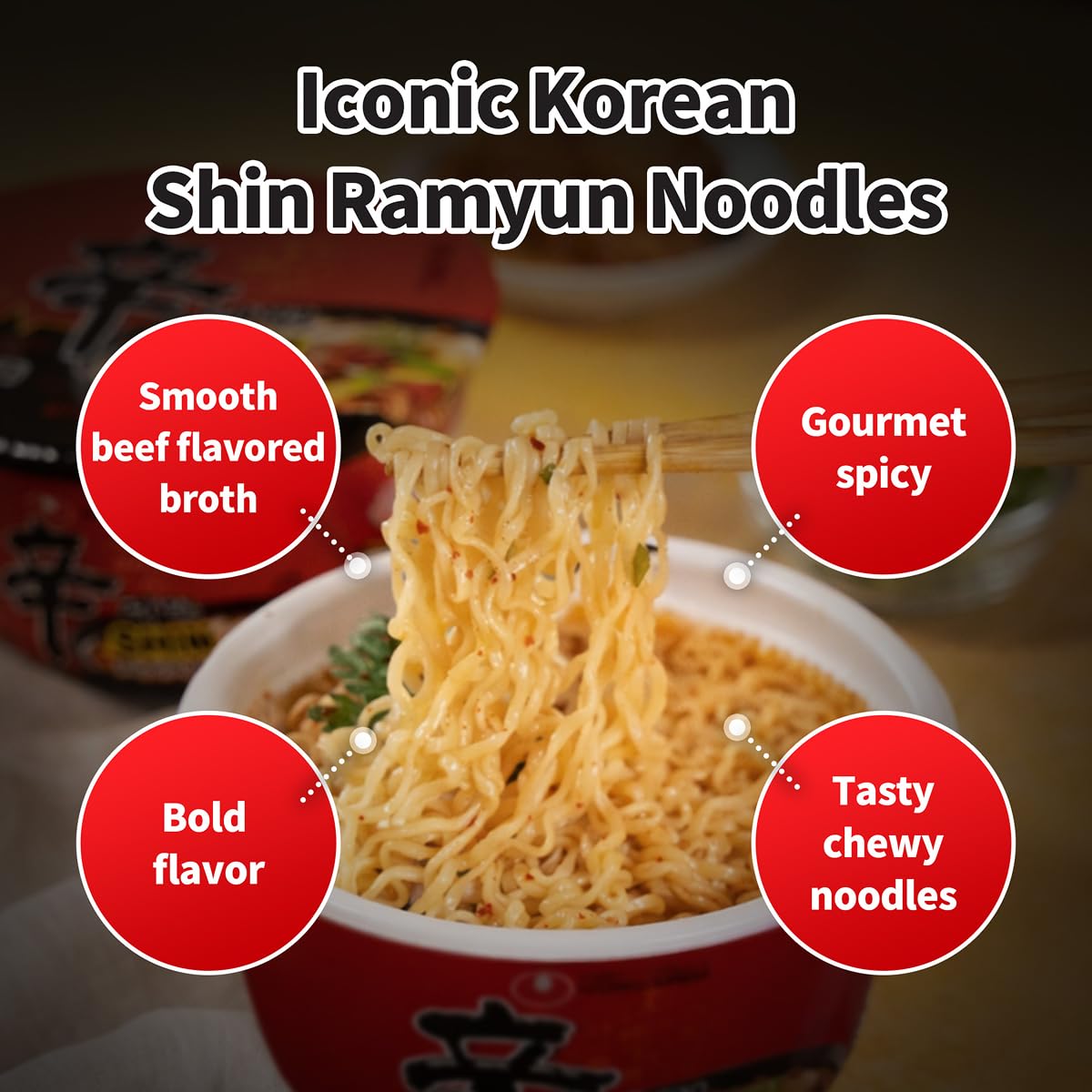 Nongshim Shin Ramyun Bowl Noodles, Spicy Korean Signature Instant Ramyun, Rich Beef Flavored Broth, Quick and Easy, Microwaveable Bowl, 3.03 oz (Pack of 12)