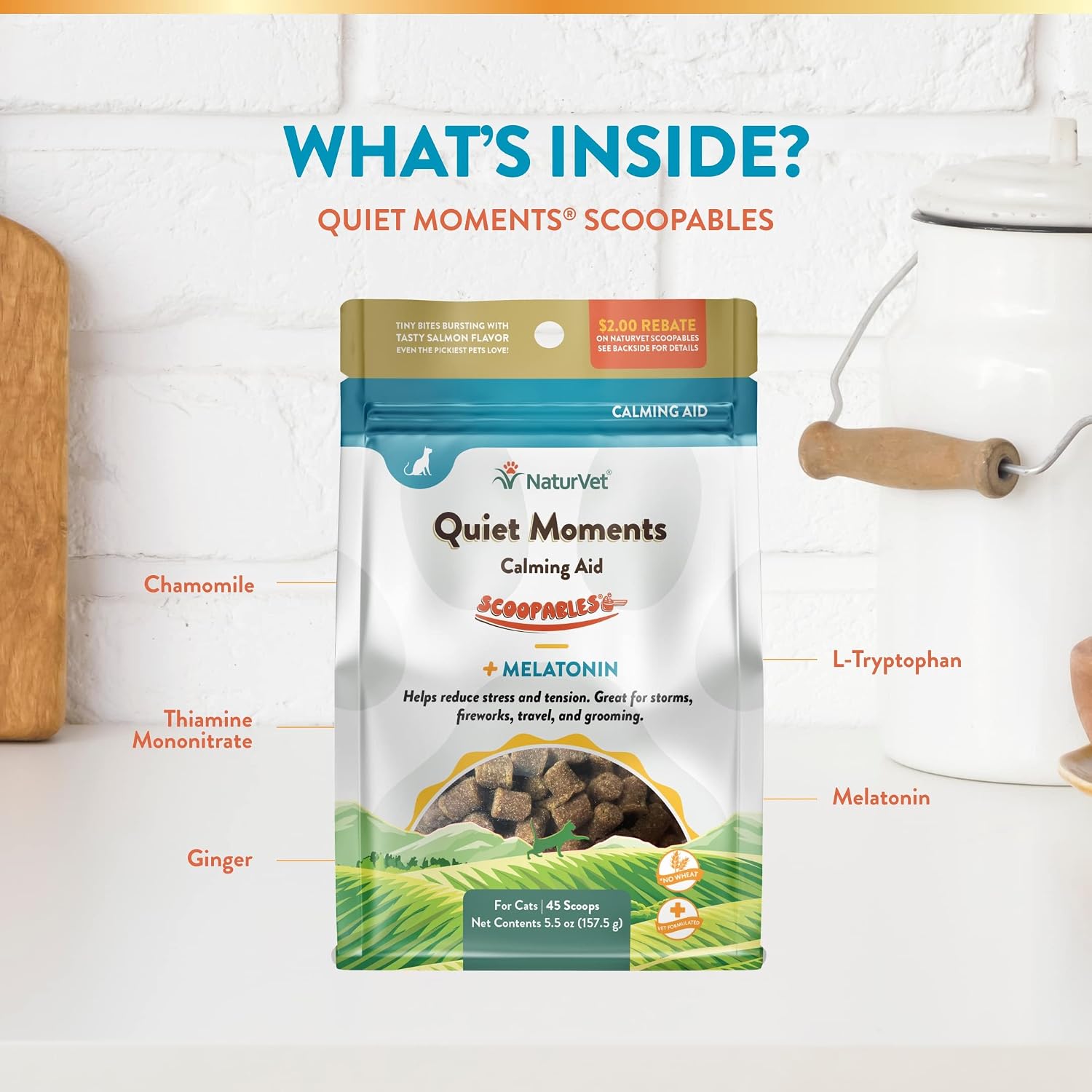 NaturVet Quiet Moments Calming Plus Melatonin Cat Supplement - 50 Count | Calming Aid for Cats - Reduce Stress, Pet Storm Anxiety, Motion Sickness - Great for Grooming, Separation and Travel
