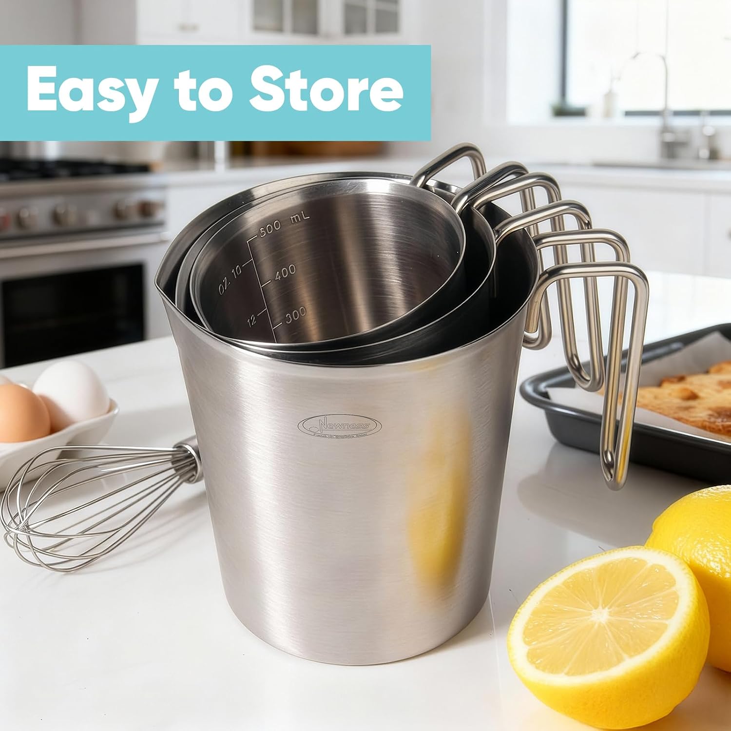 Newness Stainless Steel Measuring Cup, Metal Measuring Cup with Handle (Upgraded, 3 Marking Including Cup/ML/Ounce Scale), 16 Ounces (0.5 Liter, 2 Cup)