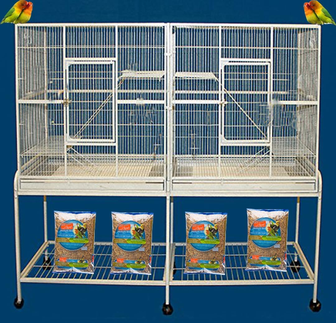 64" Extra Large Double Flight Bird Wrought Iron Double Cage Slide Out Center Divider Side Nesting Box Door Parrot Cage Cockatiel Conure with Removable Rolling Stand Storage Shelf