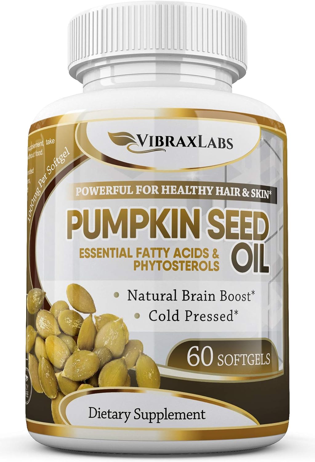vibraxlabs Pumpkin Seed Oil - 100% Cold Pressed Pure 1000mg Extraction - Best for Hair Growth, Younger Looking Skin & Face, Bladder Control Supplement