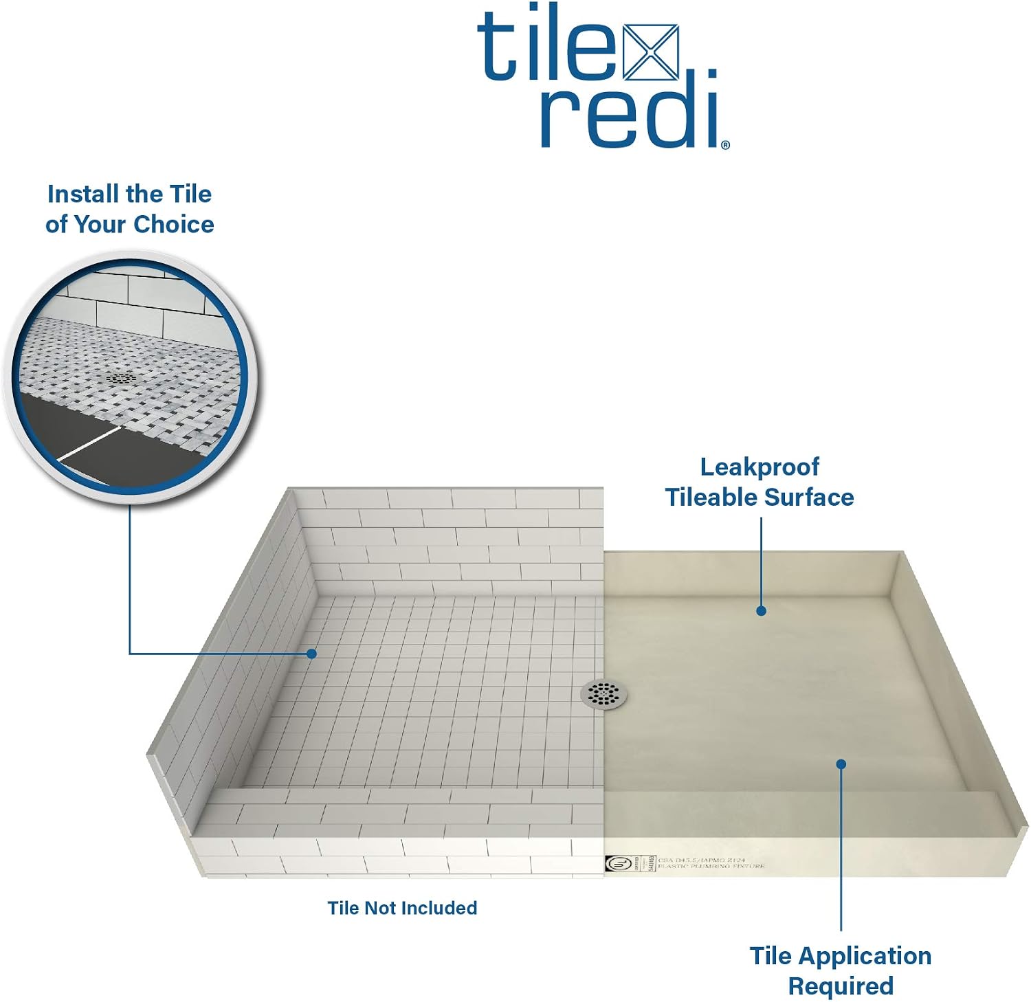 Tile Redi B3754L-DRRDPVZ Shower Pan Kit with Flashing, Left Drain- Double Curb Shower Base, 2" PVC Drain and Plate Included, 54" Width x 37" Depth