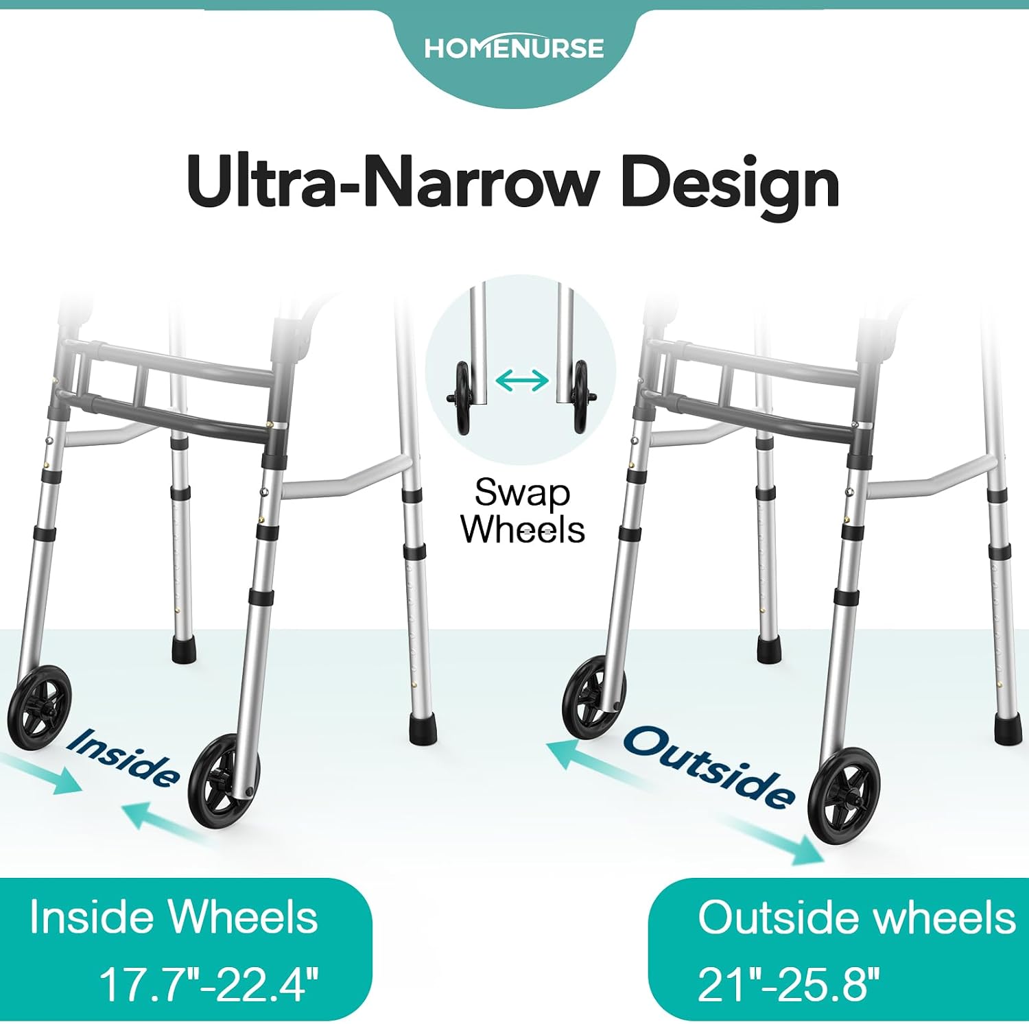 HOMENURSE Folding Walkers for Seniors with Skis, Width & Height Adjustable | Narrow Walker with 5" Wheels for Small Spaces, Aluminum Lightweight Standard Rolling Walker, Supports Up to 300lbs, Silver