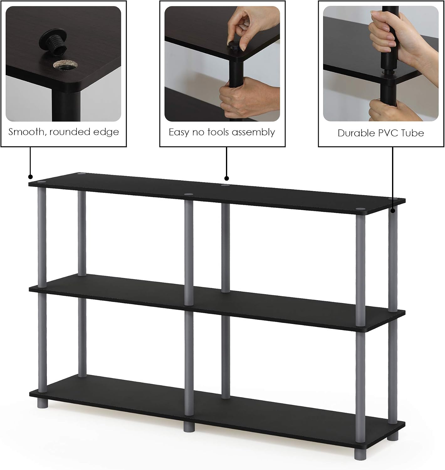 Furinno TURN-N-TUBE Storage Shelves, 3-Tier 47.4 Wide Book Shelf, Corner Shelf, Toolless Open Shelves, for Organization and Storage, Living Room, Garage, Home Office, Black