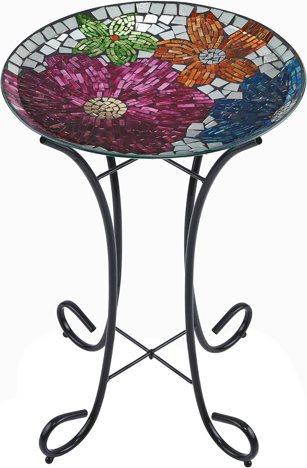 Alpine Corporation 24" Tall Outdoor Floral Mosaic Glass Birdbath with Metal Stand and Detachable 18 Inch Diameter Bowl, Garden Decor