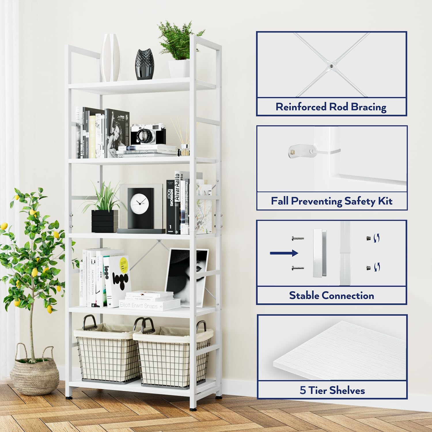 NUMENN 5 Tier Bookshelf, Tall Freestanding Open Storage Bookcase, Vintage
