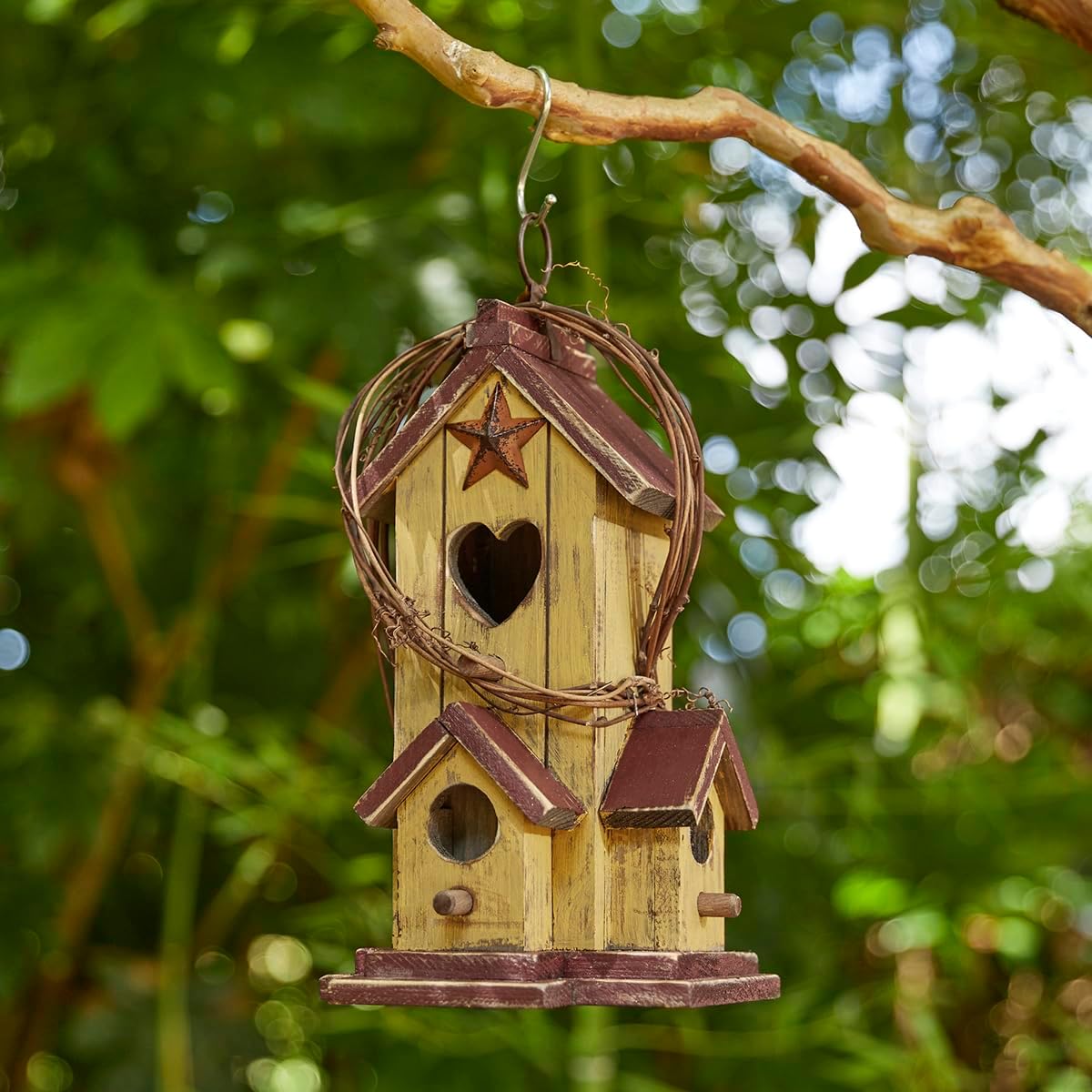 Glitzhome 14" H Hanging Distressed Wooden Church Birdhouse Garden Decor