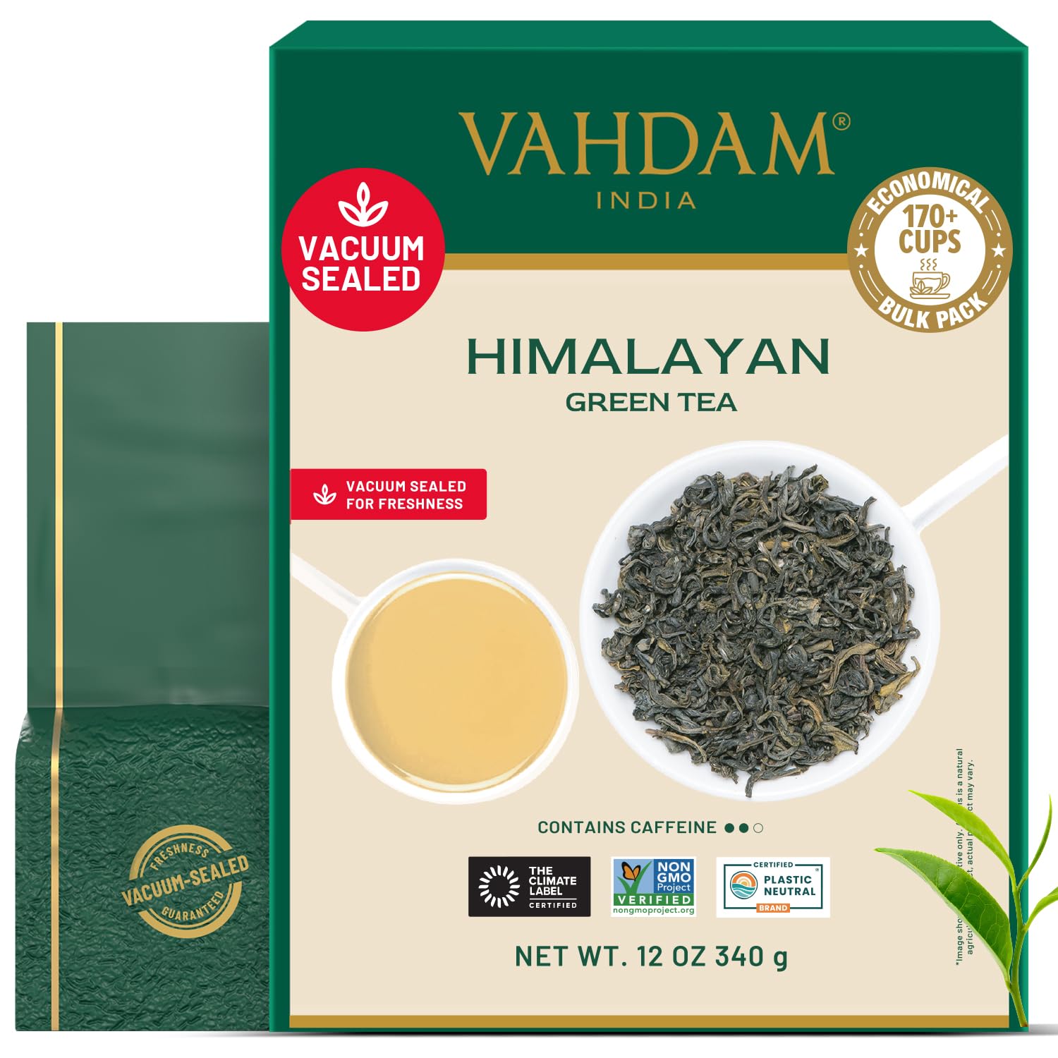 VAHDAM, Green Tea Leaves From Himalayas 170+ Cups (12oz) High Elevation Grown Green Tea Leaves From Himalayas | Pure Unblended Single Origin Green Loose Leaf Tea | Vacuum Sealed