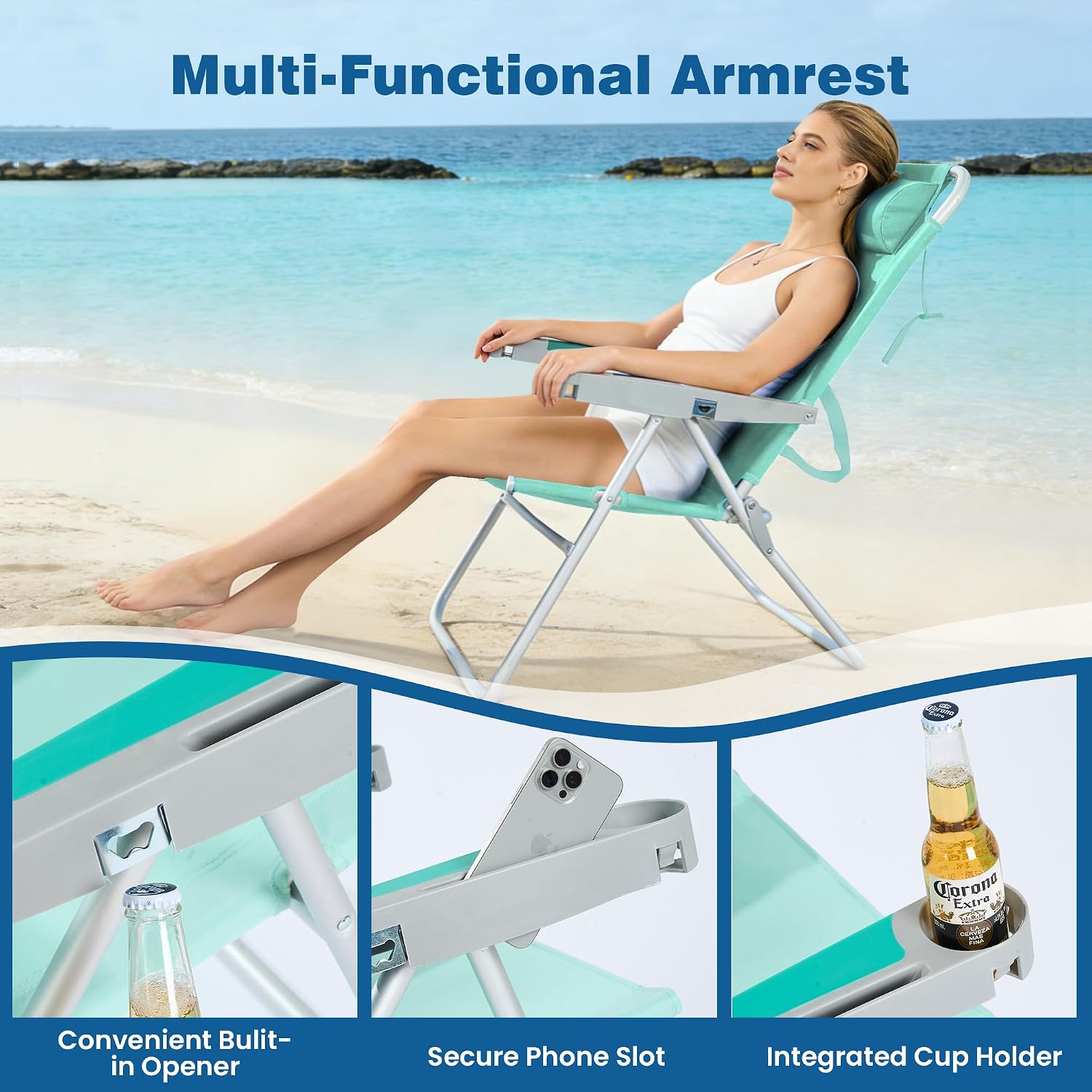 SUNNYFEEL Oversized Tall Folding Beach Chair Lightweight, 17" Portable Sand Chair for Adults Heavy Duty 500 LBS with Cup Holders