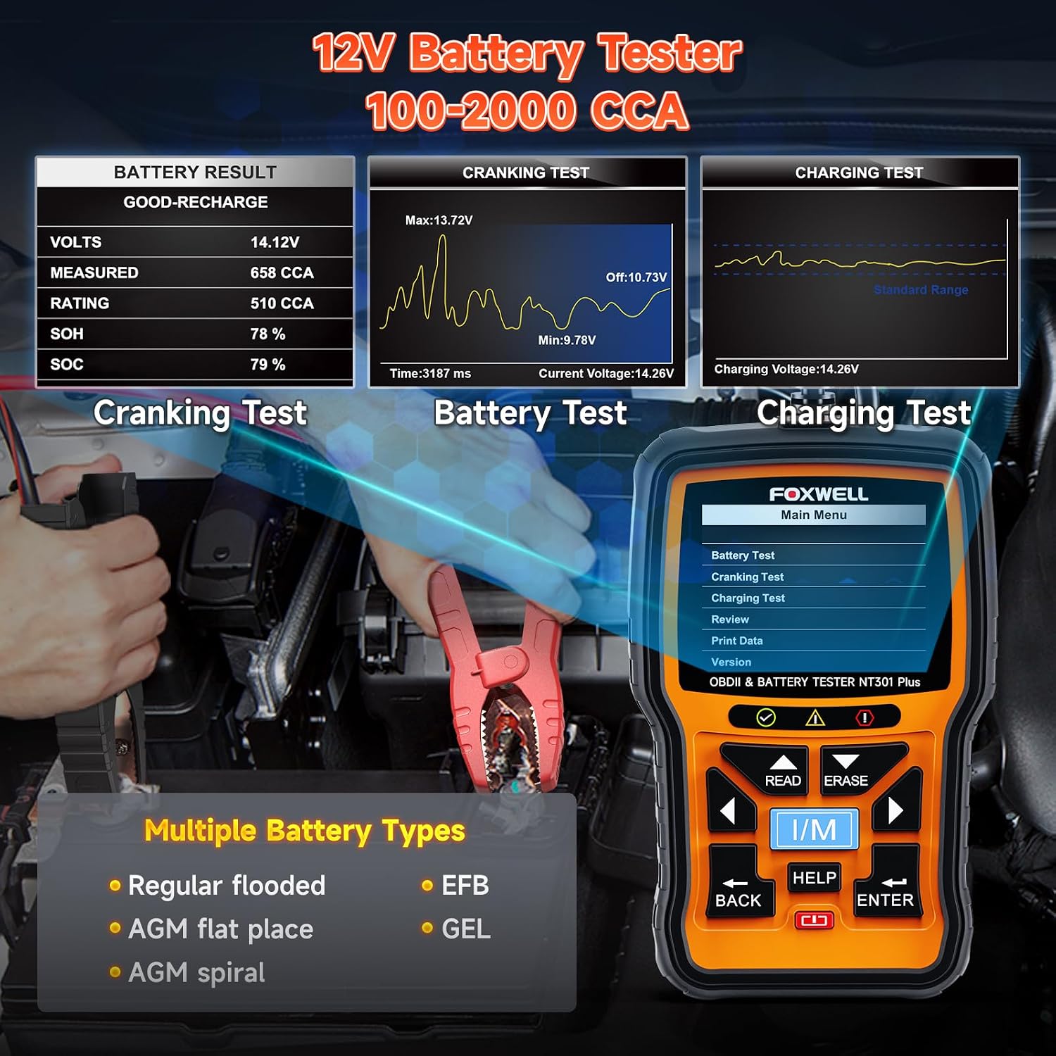 FOXWELL NT301 Plus 2 IN1 OBD2 Scanner Battery Tester with Storage Case Code Reader Scan Tool