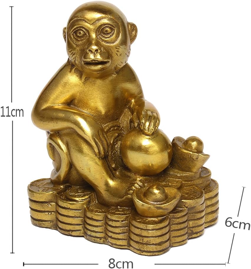 Brass Zodiac Monkey Statue, Chinese Feng Shui Decor for Wealth Luck | Golden Money Monkey Figurine, Home Desk Office Decor, Career & Wealth Decor