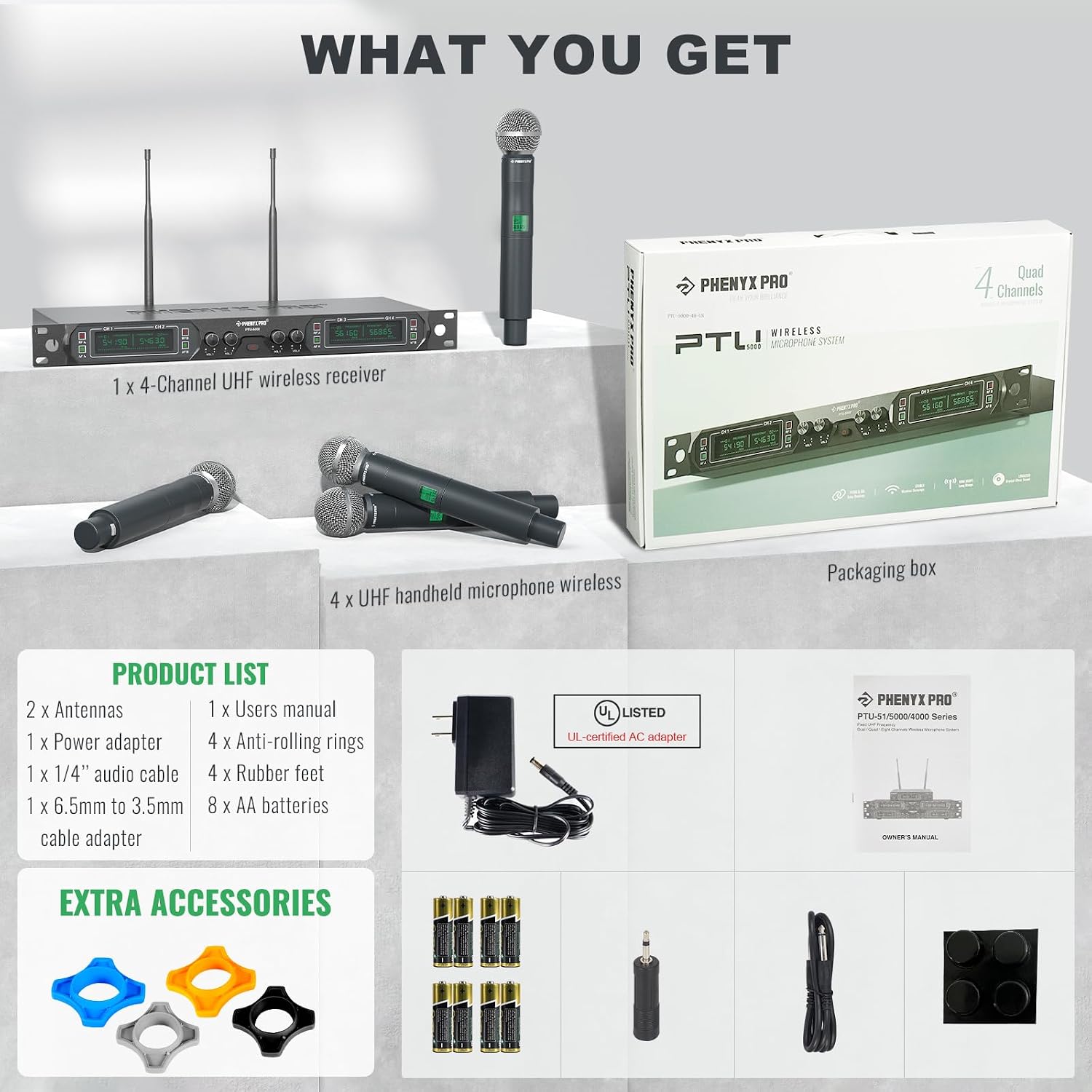 Phenyx Pro 4-Ch UHF Fixed Frequency Wireless Microphone System PTU-5000-4H | 4 Dynamic Handheld Mics, Metal Build, 260 ft Range, Singing