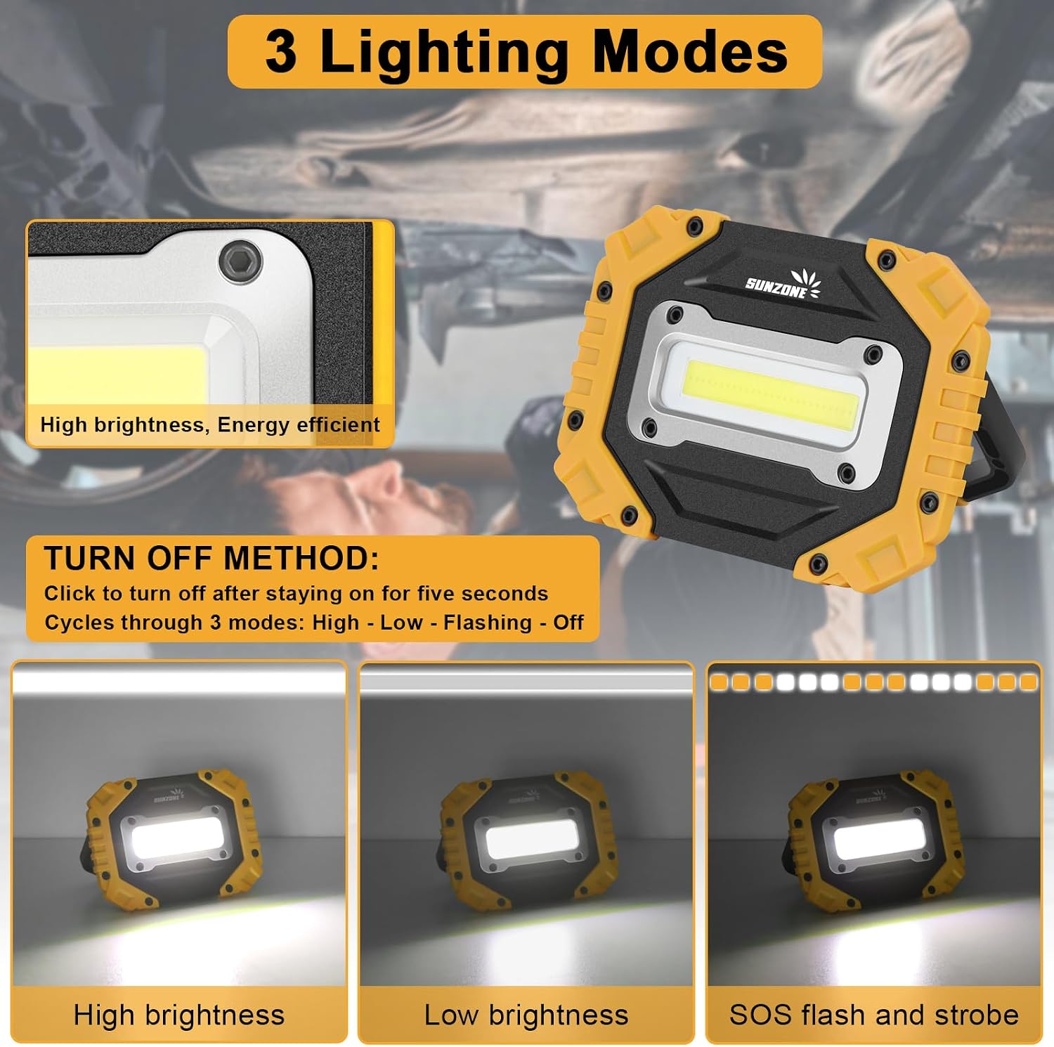 Sunzone LED Work Light, Rechargeable Work Lights with Magnetic Base, 2 Pack