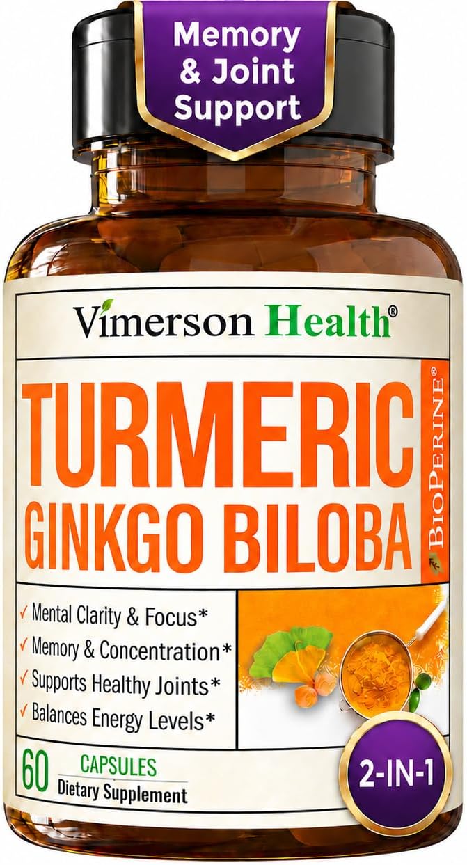 Ginko Biloba Capsules with Ginkgo Biloba 120mg & Organic Turmeric for Joint Support, Focus and Brain Health – Gingo Biloba Supplement with Black Pepper (Bioperine) for Max Absorption – 60 Count