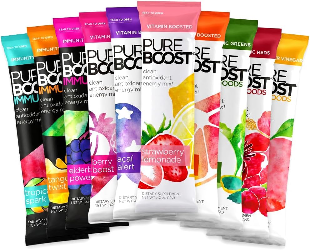 Pureboost Sugar-Free Clean Energy Booster Drink Mix, Citrus Sunrise 30ct | B12 vitamins, low sodium electrolytes & antioxidants. 25 vitamins and minerals. No sucralose.