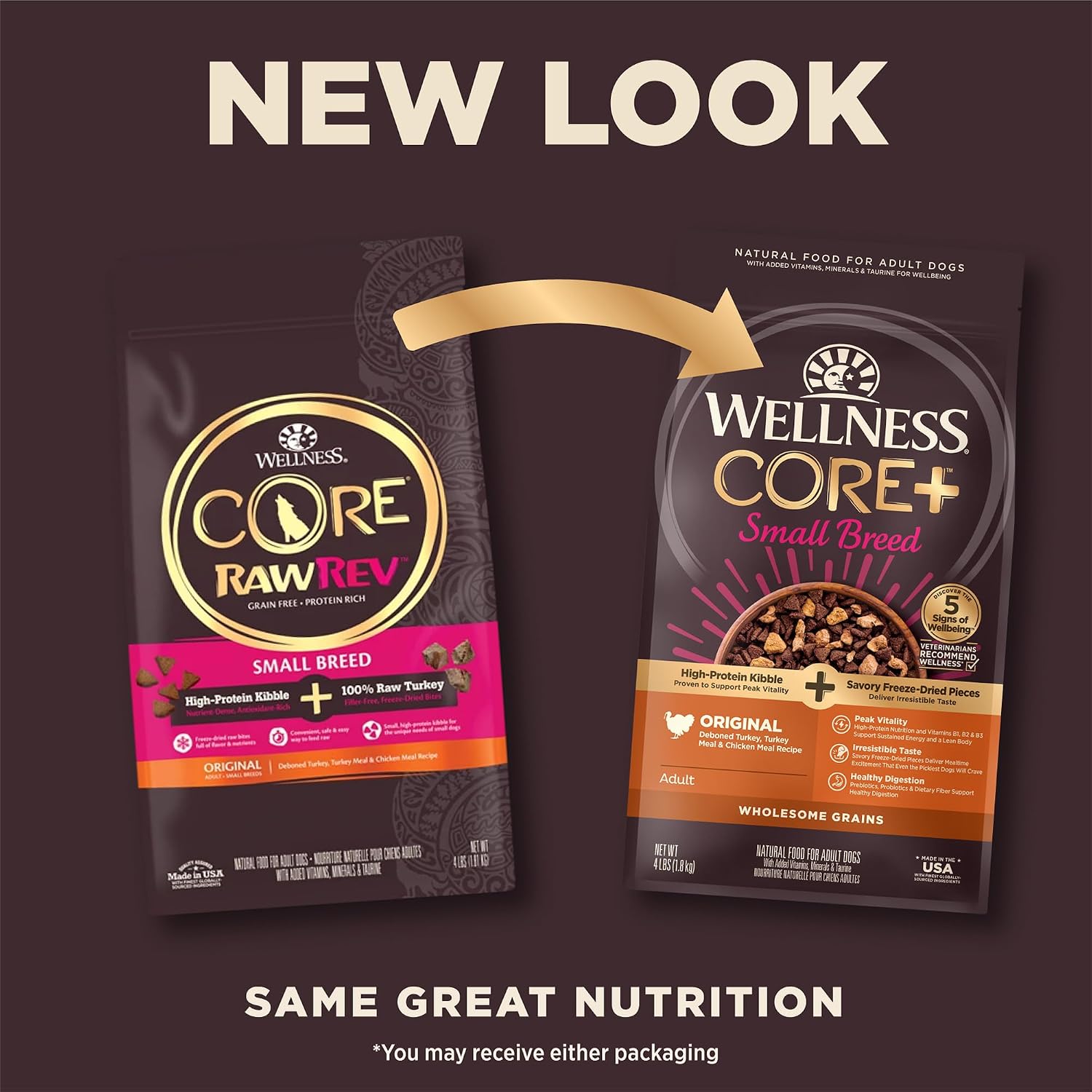 Wellness CORE+ Small Breed Adult Dry Dog Food with Freeze Dried Pieces, Wholesome Grain Kibble+, Natural, High Protein, Turkey and Chicken Recipe, 4 lb Bag