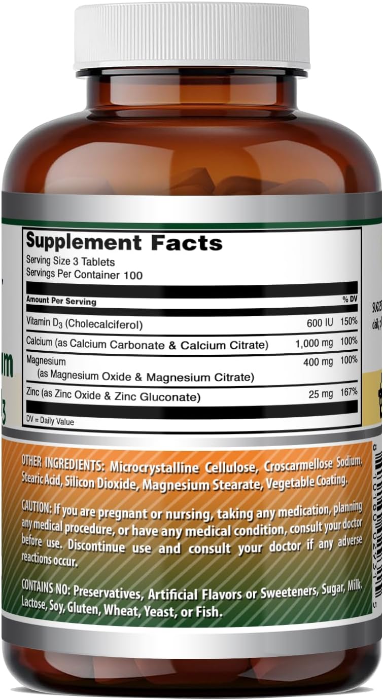 Amazing Formulas Calcium Magnesium Zinc D3-300 Tablets Per Bottle Supplement (Calcium 1000mg - Magnesium 400mg - Zinc 25mg Plus Vitamin D3 600 IU - Per Serving of 3 Tablets)
